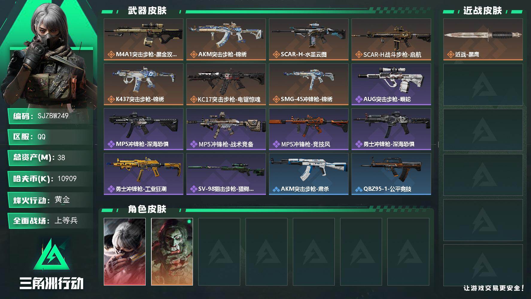 三角洲行动账号QQ【SJZBW249】总资产38M/哈夫币1090万/传说枪皮数7/战场等级13/行动等级33/安全箱等时效性道具以游戏内数据为准，详情请看图/骇爪-水墨云图/红狼-电锯惊魂/近战-黑鹰/M4A1突击