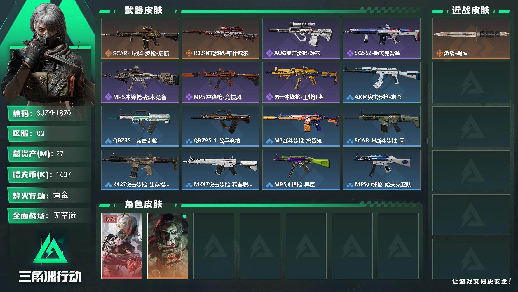 三角洲行动账号QQ【SJZYH1870】总资产27M/哈夫币163万/传说枪皮数2/战场等级1/行动等级60/安全箱等时效性道具以游戏内数据为准，详情请看图/骇爪-维什戴尔/红狼-电锯惊魂/近战-黑鹰/SCAR-H战