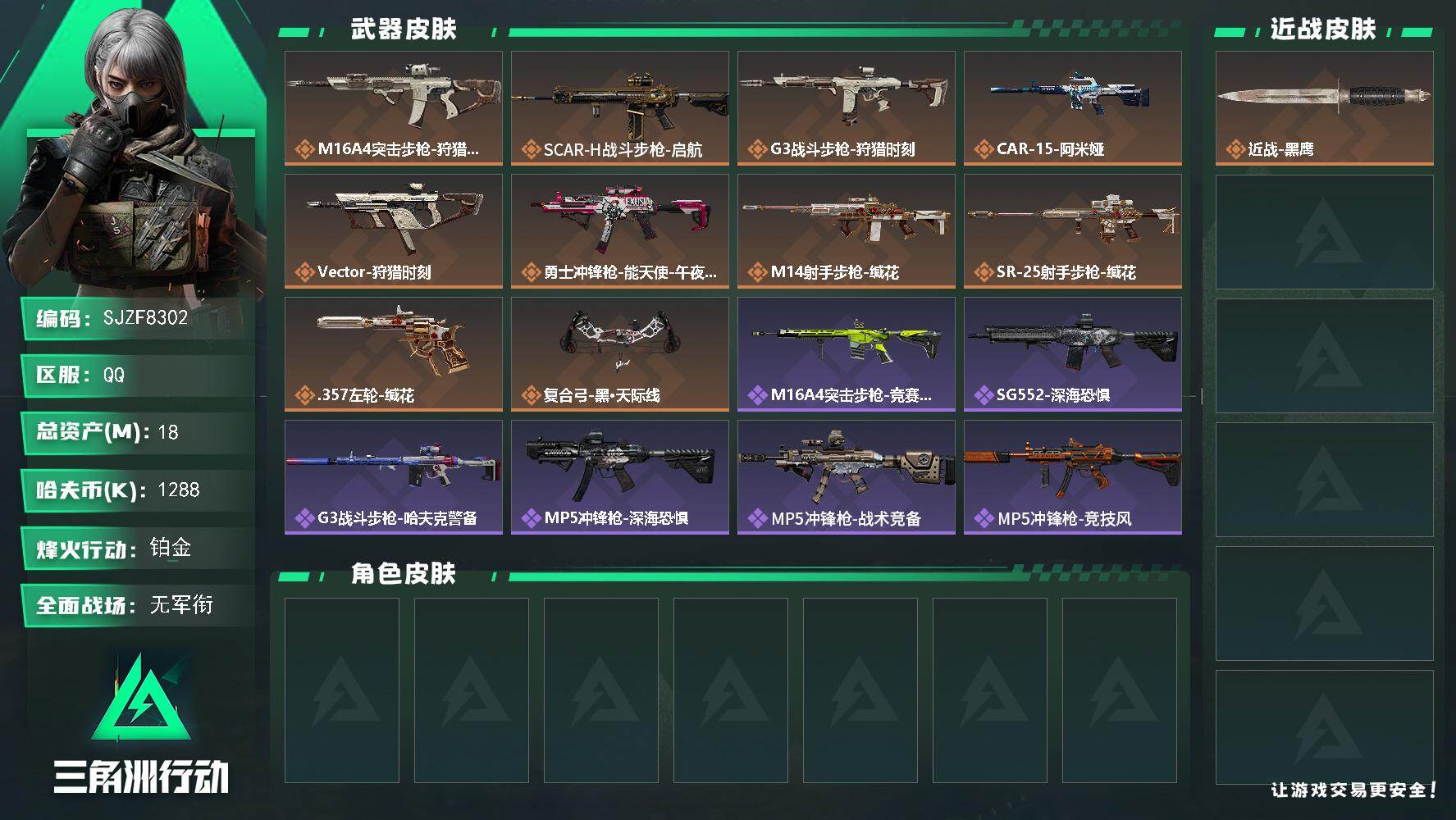 三角洲行动账号QQ【SJZF8302】总资产18M/哈夫币128万/传说枪皮数10/战场等级5/行动等级60/安全箱等时效性道具以游戏内数据为准，详情请看图/近战-黑鹰/M16A4突击步枪-狩猎时刻/SCAR-H战斗