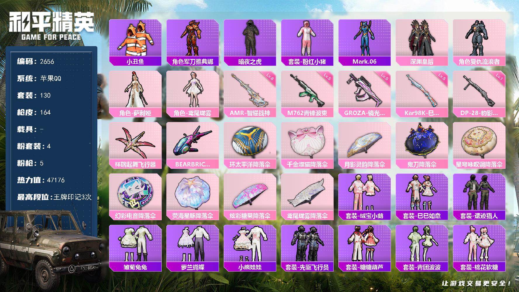 和平精英账号苹果QQ【2656】【精品男神号·4粉装·5特效枪·暗夜之虎·小丑鱼·Mark.06·地铁满天赋】
苹果手Q-4粉装-5特效枪-2粉色飞行器-47176热力值-3王牌印记-130套装-164枪皮
【热门品类】