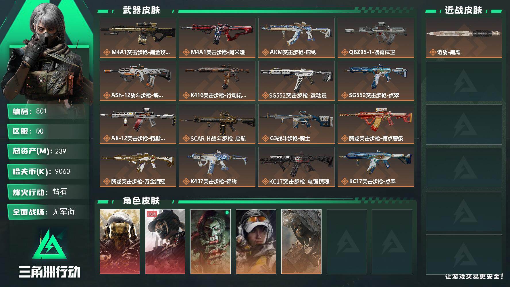 三角洲行动账号QQ【801】239m总资产-9060k哈夫币-60烽火等级-钻石-1战场等级-无军衔
【干员外观】：红