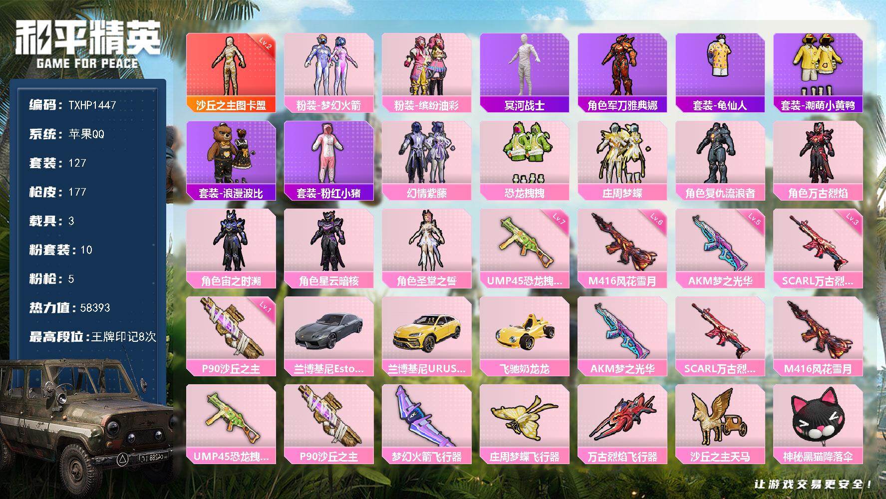和平精英账号苹果QQ【TP1447】苹果 手Q-1神装-10粉装-5特效枪-3载具-4粉色飞行器-58393热力值-8王
