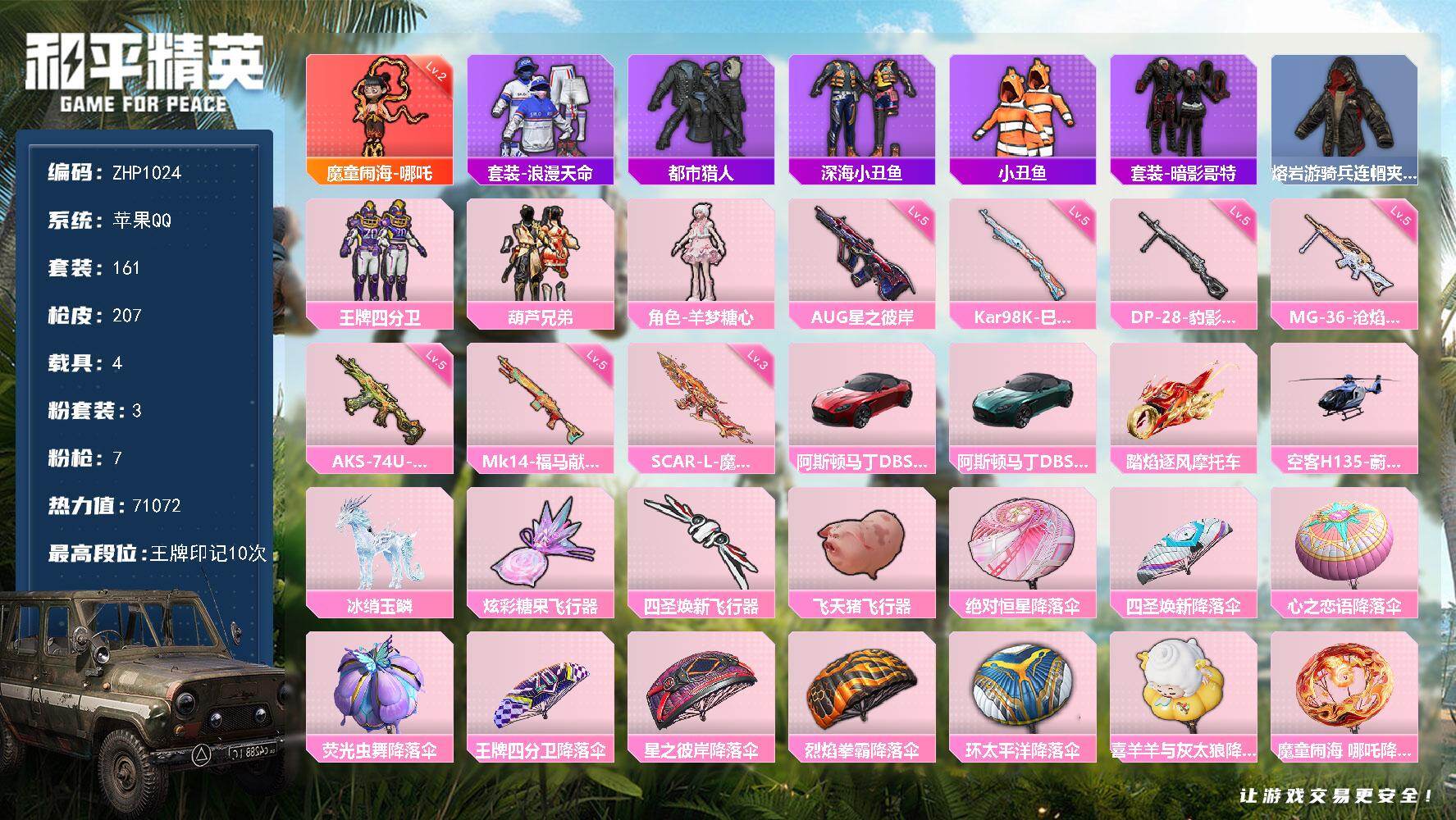 和平精英账号苹果QQ苹果手Q-1神装-3粉装-7特效枪-4载具-4粉色飞行器-71072热力值-10王牌印记-161套装-207枪皮
【红色神装等级】：魔童闹海-哪吒(二级)
【红色角色神装】：魔童闹海-哪吒
【热门品