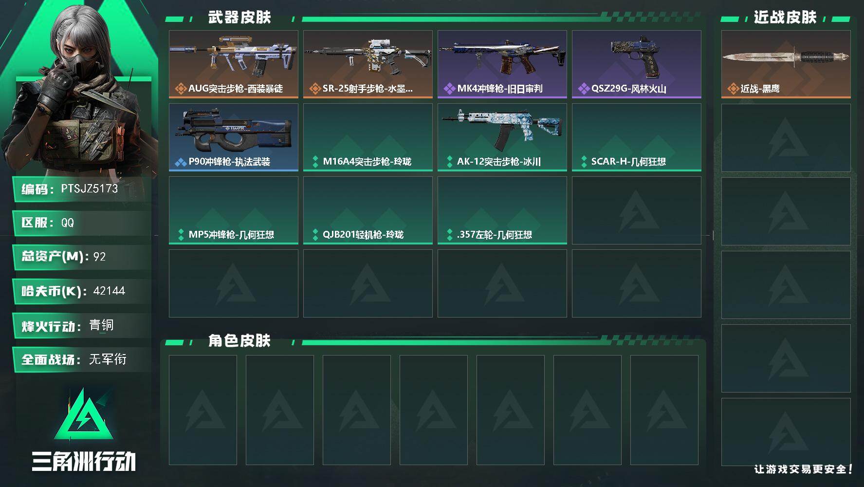 三角洲行动账号QQ【PTSJZ5173】总资产92M/哈夫币4214万/传说枪皮数2/战场等级1/行动等级50/安全箱