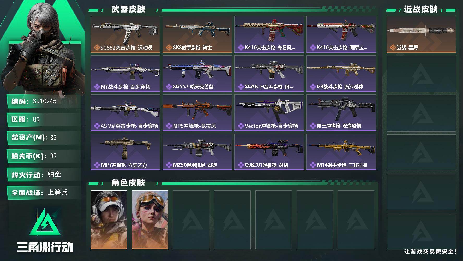 三角洲行动账号QQ【SJ10245】总资产33M/哈夫币3万/传说枪皮数2/战场等级27/行动等级60/安全箱等时效性道具以游戏内数据为准，详情请看图/露娜-金牌射手/蛊-不羁人生/近战-黑鹰/SG552突击步枪-运动