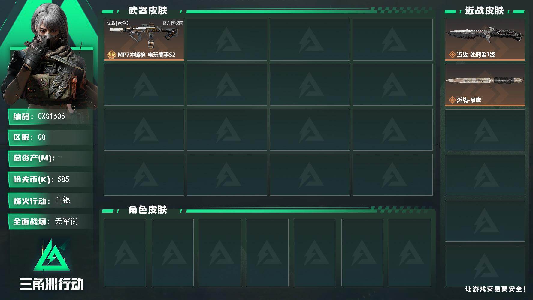 三角洲行动账号QQ【烽火35级 总资产21m MP7冲锋枪-电玩高手S2(优品S) 近战-处刑者1级，近战-黑鹰 仓5 体3 负1 单砖皮小号】
