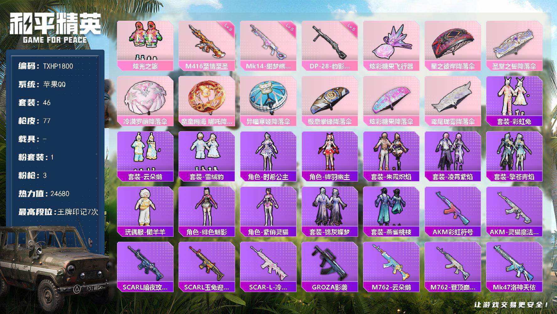 和平精英账号苹果QQ【TP1800】苹果手Q-1粉装-3特效枪-1粉色飞行器-24680热力值-7王牌印记-46套装-7