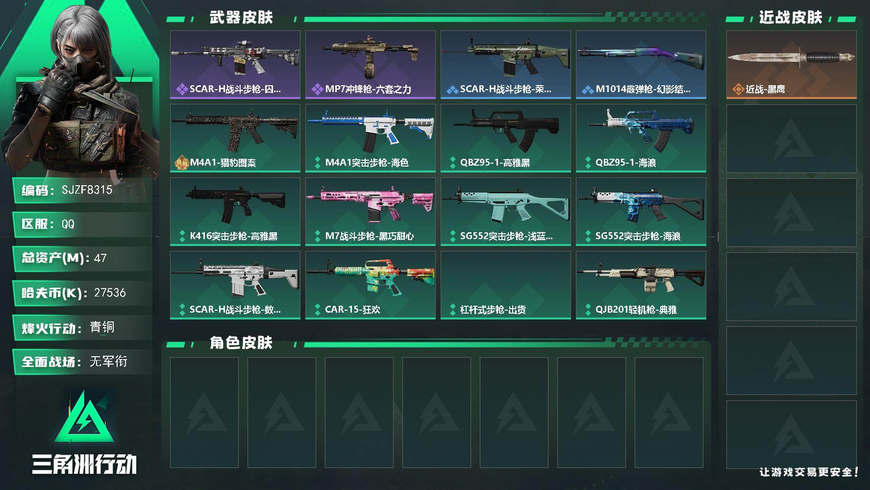 三角洲行动账号QQ【SJZF8315】总资产47M/哈夫币2753万/战场等级1/行动等级60/安全箱等时效性道具以游戏内数据为准，详情请看图/近战-黑鹰/SCAR-H战斗步枪-囚徒/MP7冲锋枪-六套之力/SCAR
