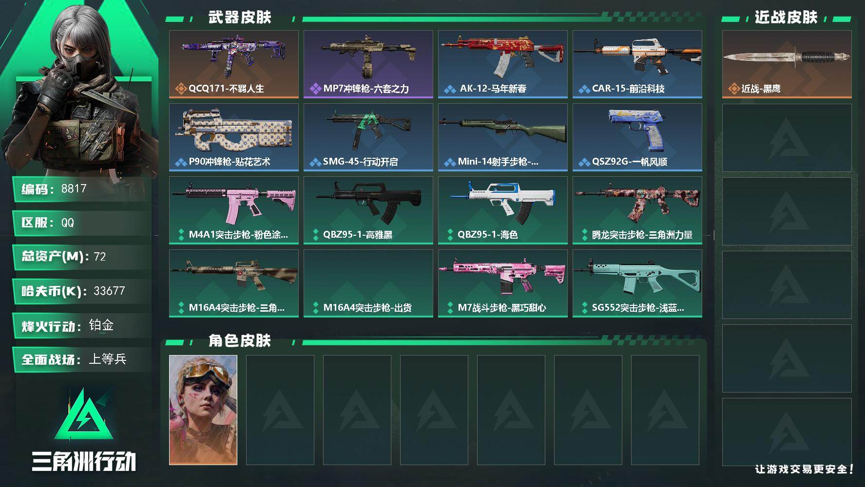 三角洲行动账号QQ总资产72M/哈夫币3367万/传说枪皮数1/战场等级21/行动等级58/安全箱等时效性道具以游戏内数据为准，详情请看图/蛊-不羁人生/近战-黑鹰/QCQ171冲锋枪-不羁人生/MP7冲锋枪-六套之力