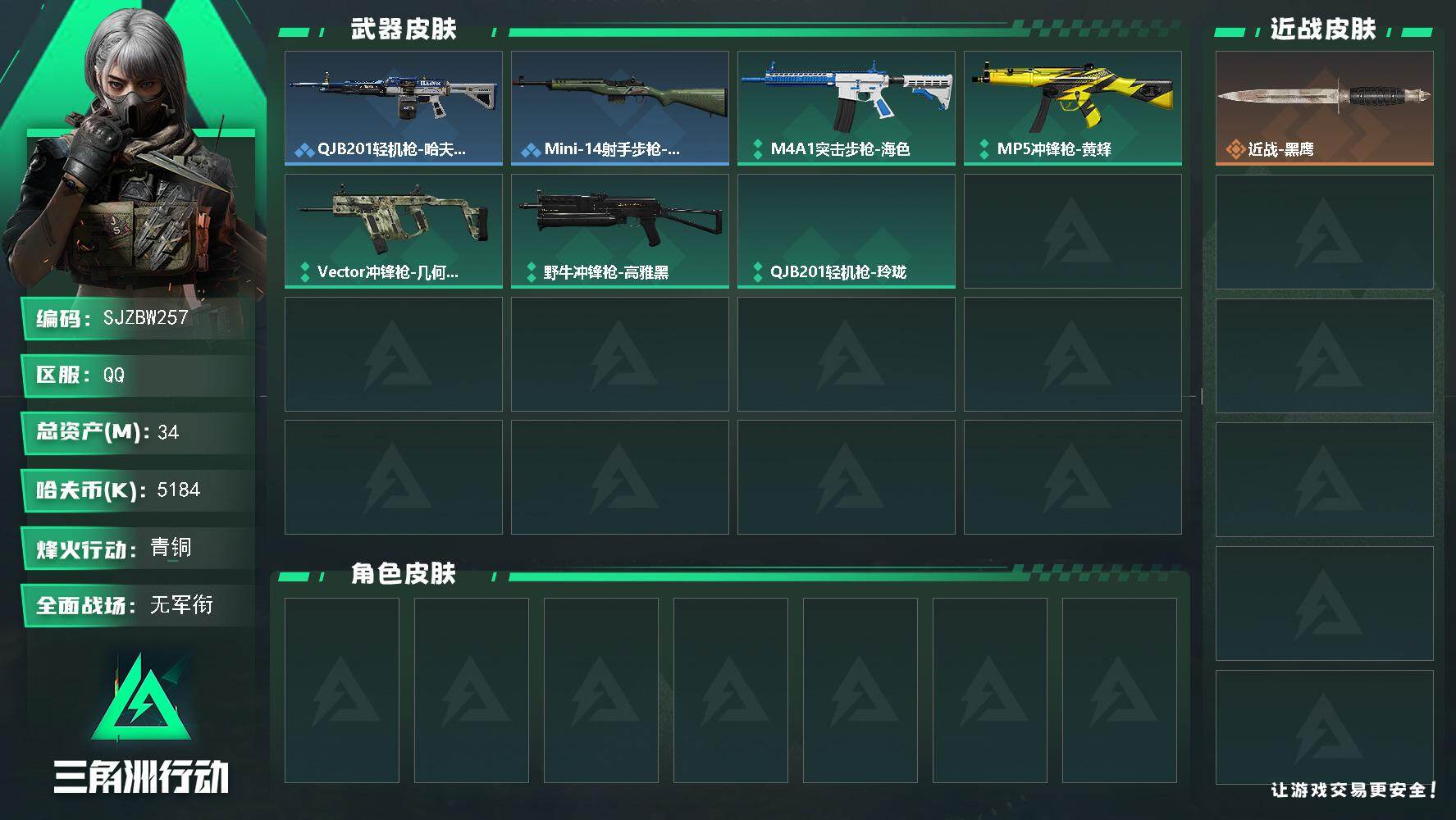 三角洲行动账号QQ【SJZBW257】总资产34M/哈夫币518万/战场等级3/行动等级27/安全箱等时效性道具以游戏内数据为准，详情请看图/近战-黑鹰/QJB201轻机枪-哈夫克卫队/QJB201轻机枪-猛攻/Mi