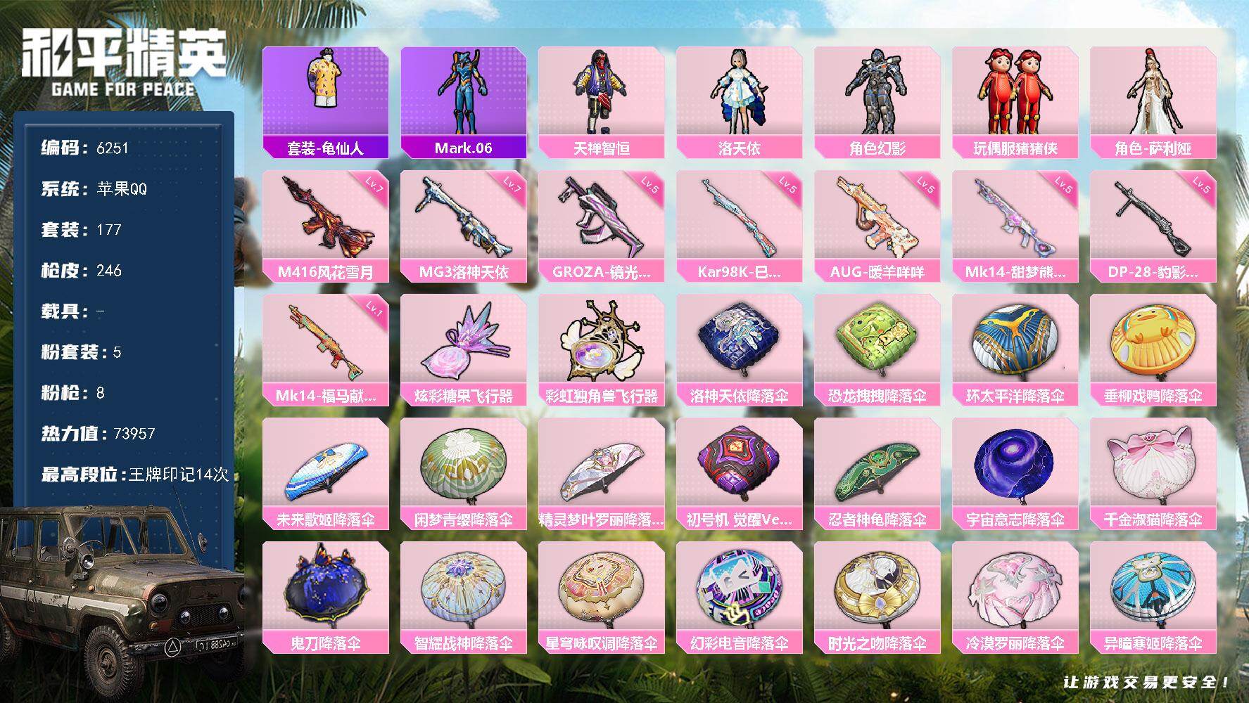 和平精英账号苹果QQ177套装/枪械8/装备298/战备176/王牌印记14/热力值73957/七级M416-风花雪月/五级GROZA-镜光银凌/五级AUG-暖羊咩咩/五级Kar98K-巳巳如意/五级Mk14-甜梦熊击/