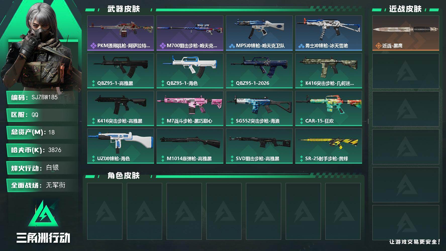 三角洲行动账号QQ【SJZBW185】总资产18M/哈夫币382万/战场等级1/行动等级51/安全箱等时效性道具以游戏内数据为准，详情请看图/近战-黑鹰/PKM通用机枪-阿萨拉特攻/M700狙击步枪-哈夫克警备/MP