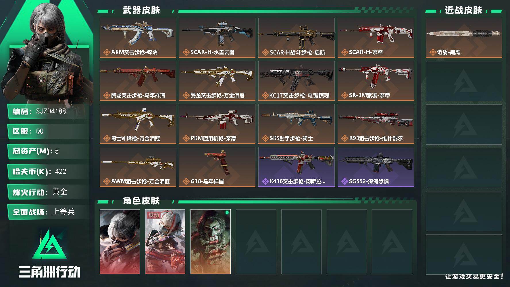 三角洲行动账号QQ【SJZD4188】总资产5M/哈夫币42万/干员外观数3/传说枪皮数14/战场等级23/行动等级57/安全箱等时效性道具以游戏内数据为准，详情请看图/骇爪-水墨云图/骇爪-维什戴尔/红狼-电锯惊魂