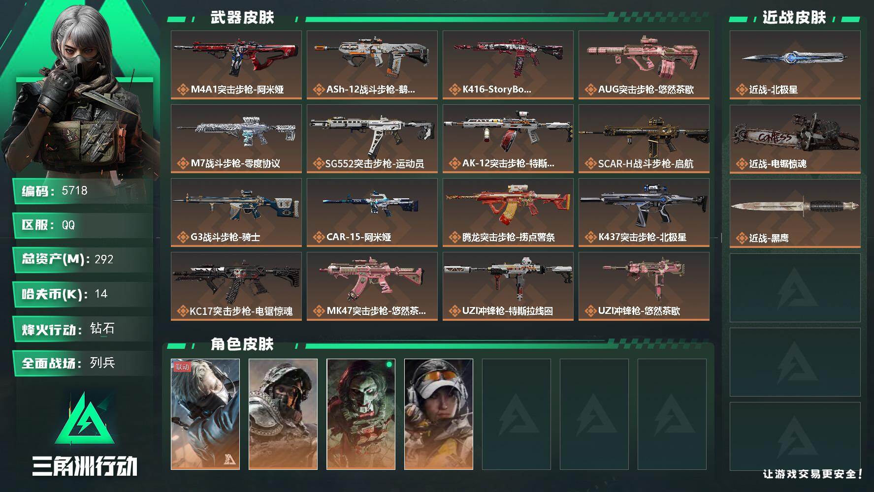 三角洲行动账号QQPX_2595900-292m总资产-14k哈夫币-60烽火等级-钻石-21战场等级-列兵
【干员外观】：蜂医-送葬人·无题密令，深蓝-不破誓约，红狼-电锯惊魂，露娜-金牌射手
【近战皮肤】