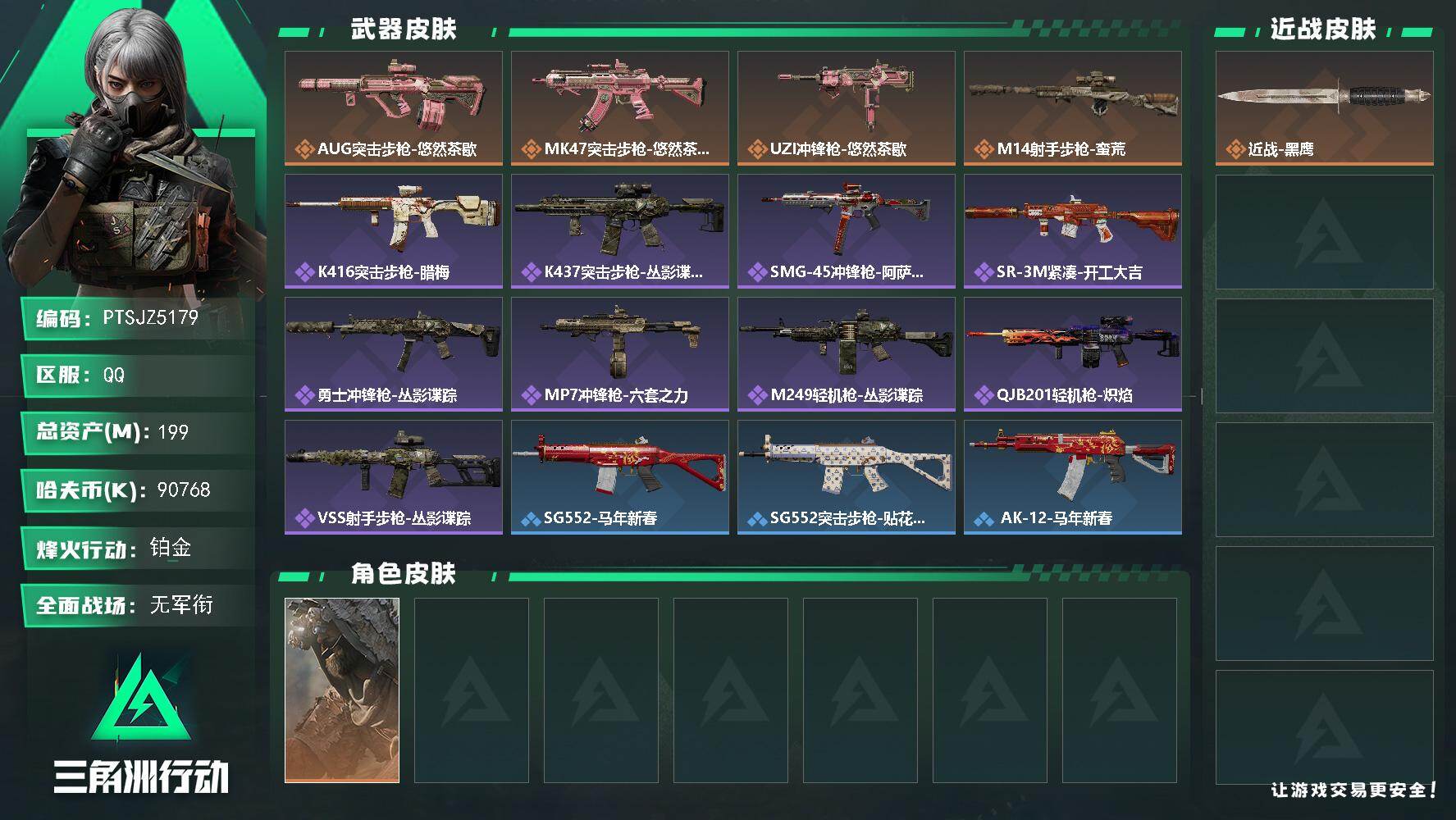 三角洲行动账号QQ【PTSJZ5179】总资产199M/哈夫币9076万/干员外观数1/传说枪皮数4/战场等级1/行动