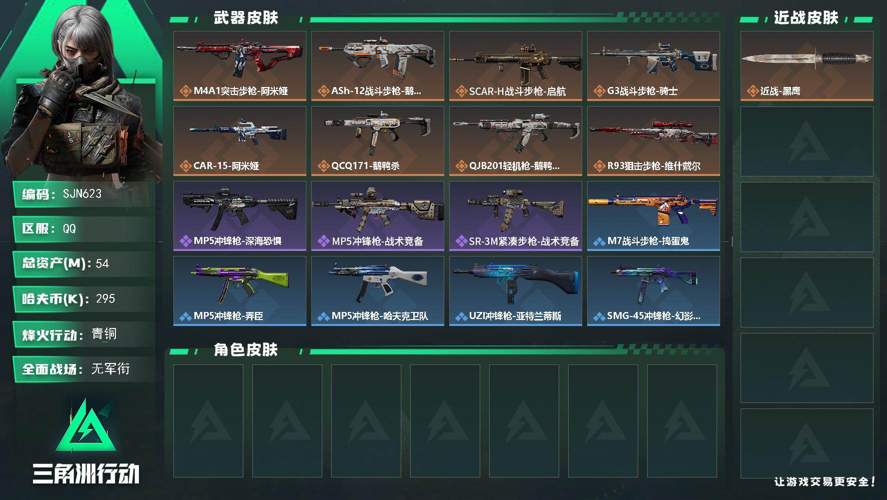 三角洲行动账号QQ【SJN623】总资产54M/哈夫币29万/传说枪皮数8/战场等级1/行动等级53/安全箱等时效性道具以游戏内数据为准，详情请看图/近战-黑鹰/M4A1突击步枪-阿米娅/ASh-12战斗步枪-鹅鸭杀