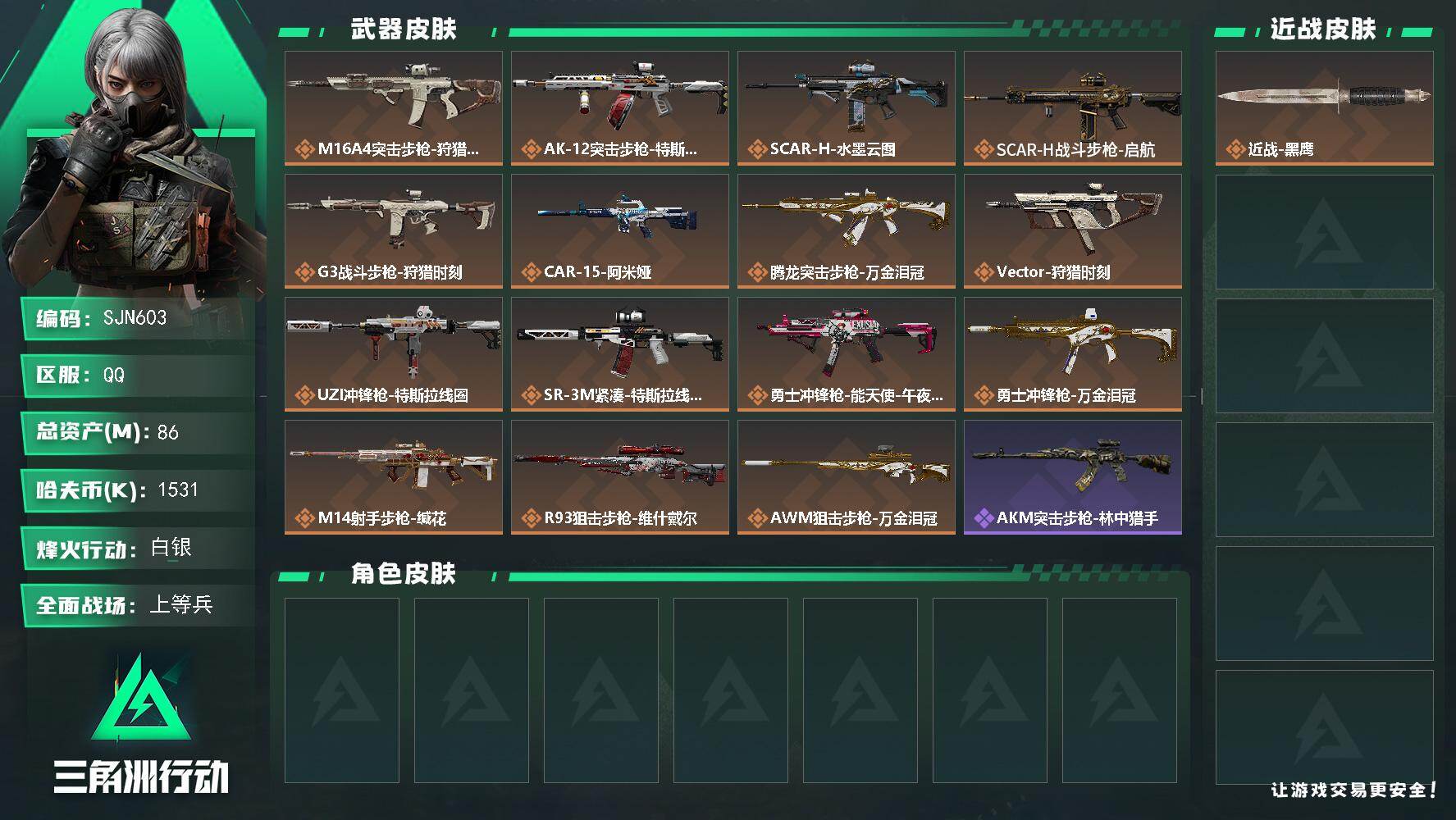 三角洲行动账号QQ【SJN603】总资产86M/哈夫币153万/传说枪皮数15/战场等级19/行动等级60/安全箱等时效性道具以游戏内数据为准，详情请看图/近战-黑鹰/M16A4突击步枪-狩猎时刻/AK-12突击步枪