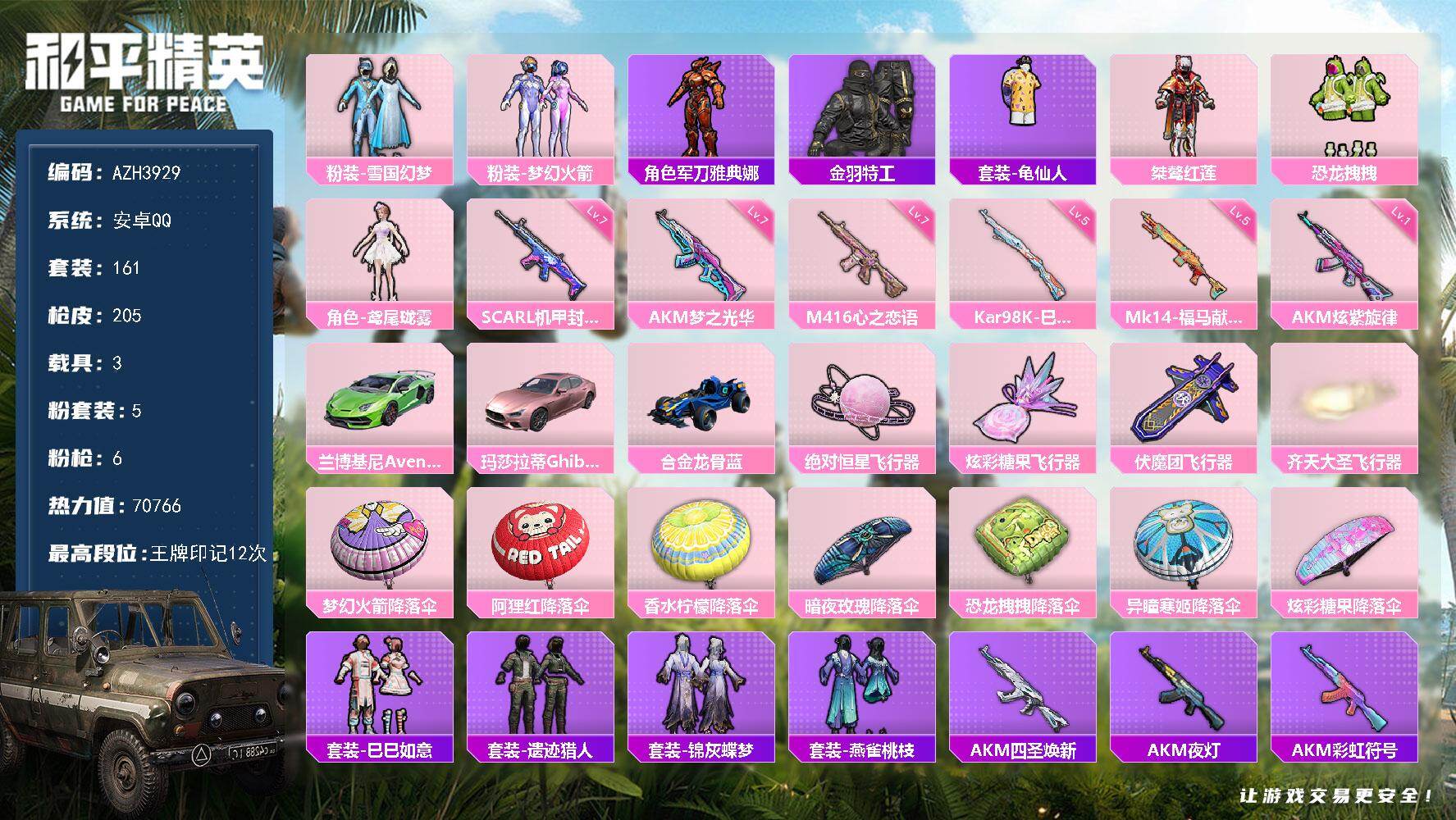 和平精英账号安卓QQ安卓手Q【雪国梦幻火箭 满级梦之光华AKM 机甲封神SCAR-L 心之恋语M416 粉熊背包 3载具】5粉装-6特效枪-3载具-4粉色飞行器-70766热力值-12王牌印记-161套装-205枪皮
【