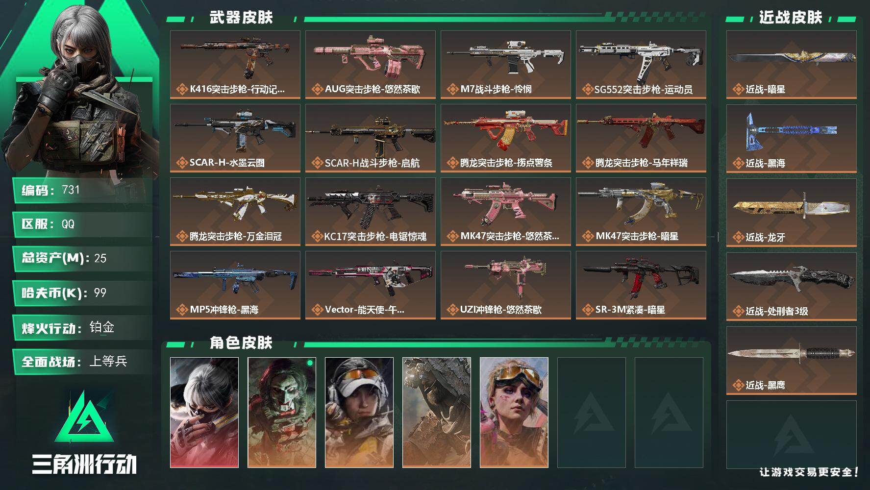 三角洲行动账号QQ【731】25m总资产-99k哈夫币-60烽火等级-铂金-22战场等级-上等兵
【干员外观】：骇爪-