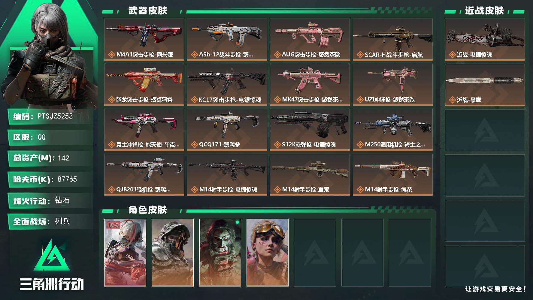 三角洲行动账号QQ【PTSJZ5253】总资产142M/哈夫币8776万/传说近战数1/干员外观数4/传说枪皮数22/