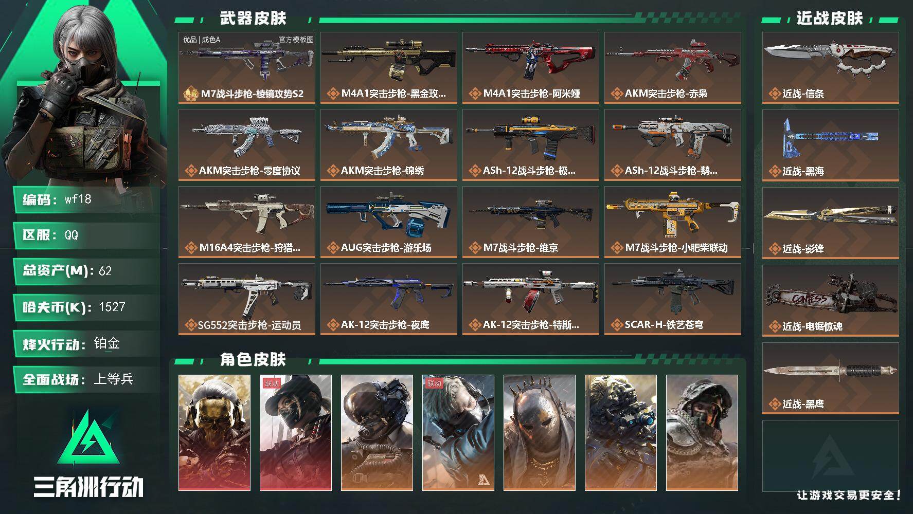 三角洲行动账号QQ【wf18】62m总资产-1527k哈夫币-60烽火等级-铂金-50战场等级-上等兵
【干员外观】：