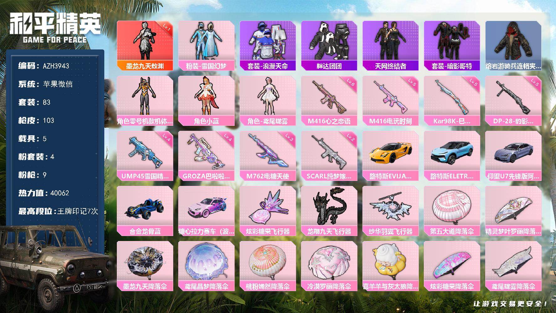 和平精英账号苹果微信苹果微信【一级敖渊 雪国黄螳螂天网胖达团团暗影哥特 5载具】1神装-4粉装-9特效枪-5载具-3粉色飞行器-40062热力值-7王牌印记-83套装-103枪皮
【红色神装等级】：墨龙九天-敖渊(一级)