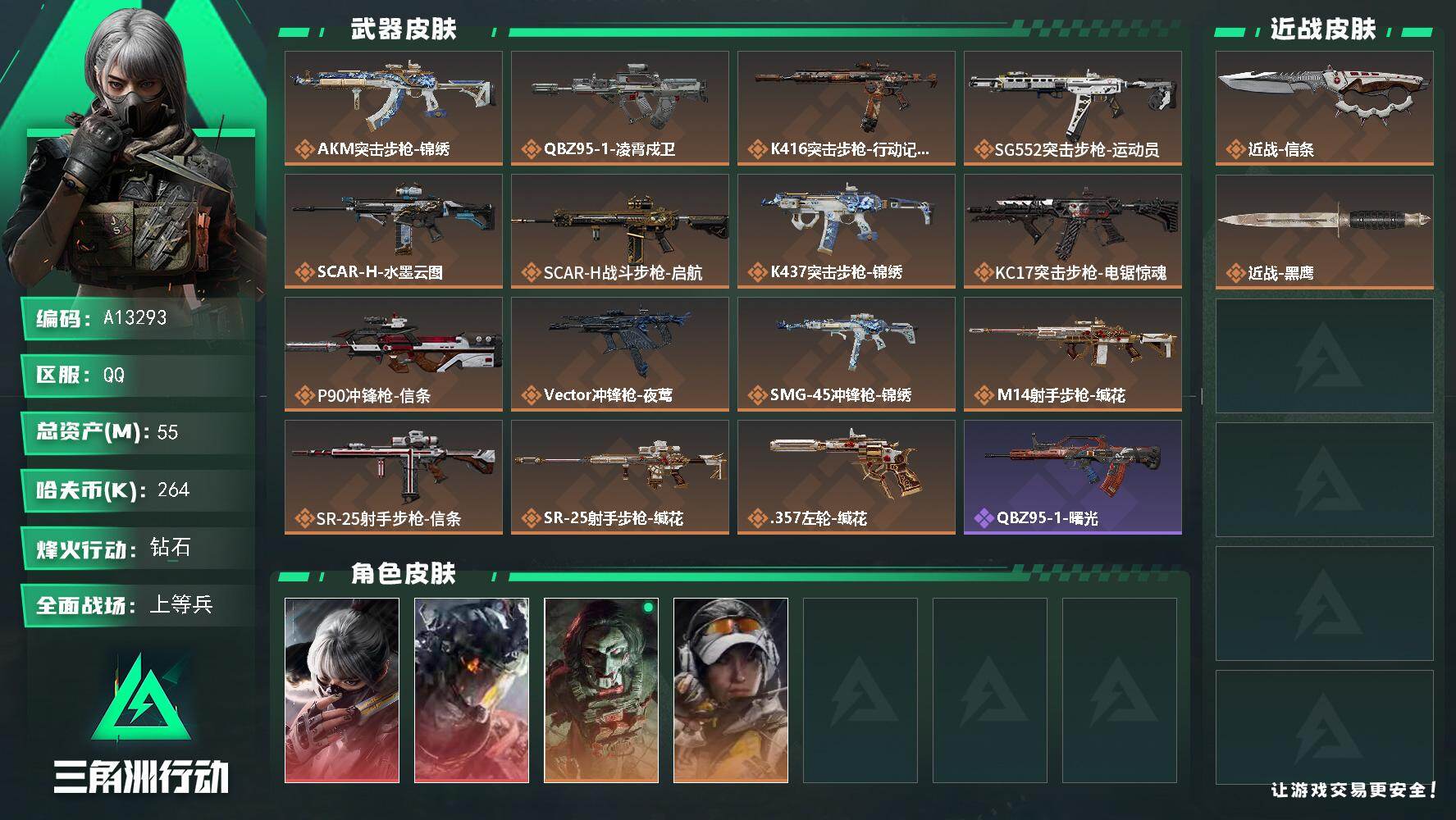 三角洲行动账号QQA13293//QQ区【总资产:55.2M+近战信条+威龙凌霄戍卫+骇爪水墨云图+缄花捆绑包+满体6