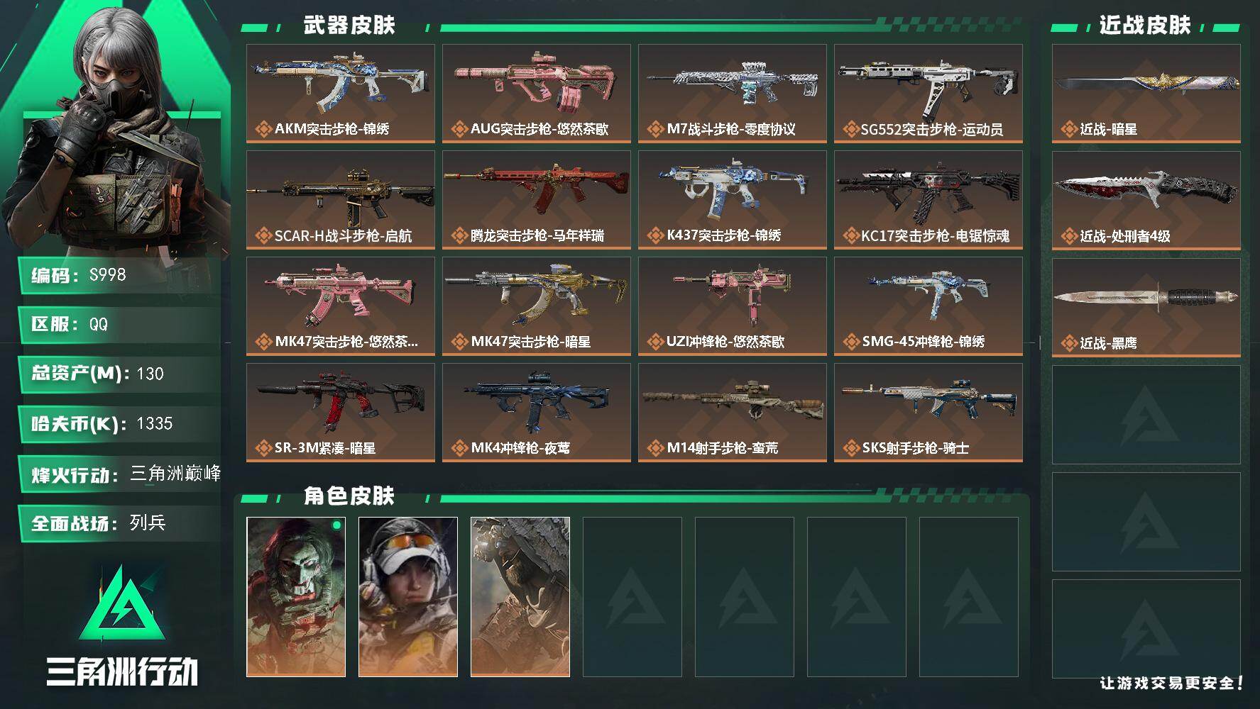 三角洲行动账号QQ【S998】总资产130M/哈夫币133万/传说近战数1/传说枪皮数17/战场等级15/行动等级60/安全箱等时效性道具以游戏内数据为准，详情请看图/红狼-电锯惊魂/露娜-金牌射手/乌鲁鲁-荒原猎手