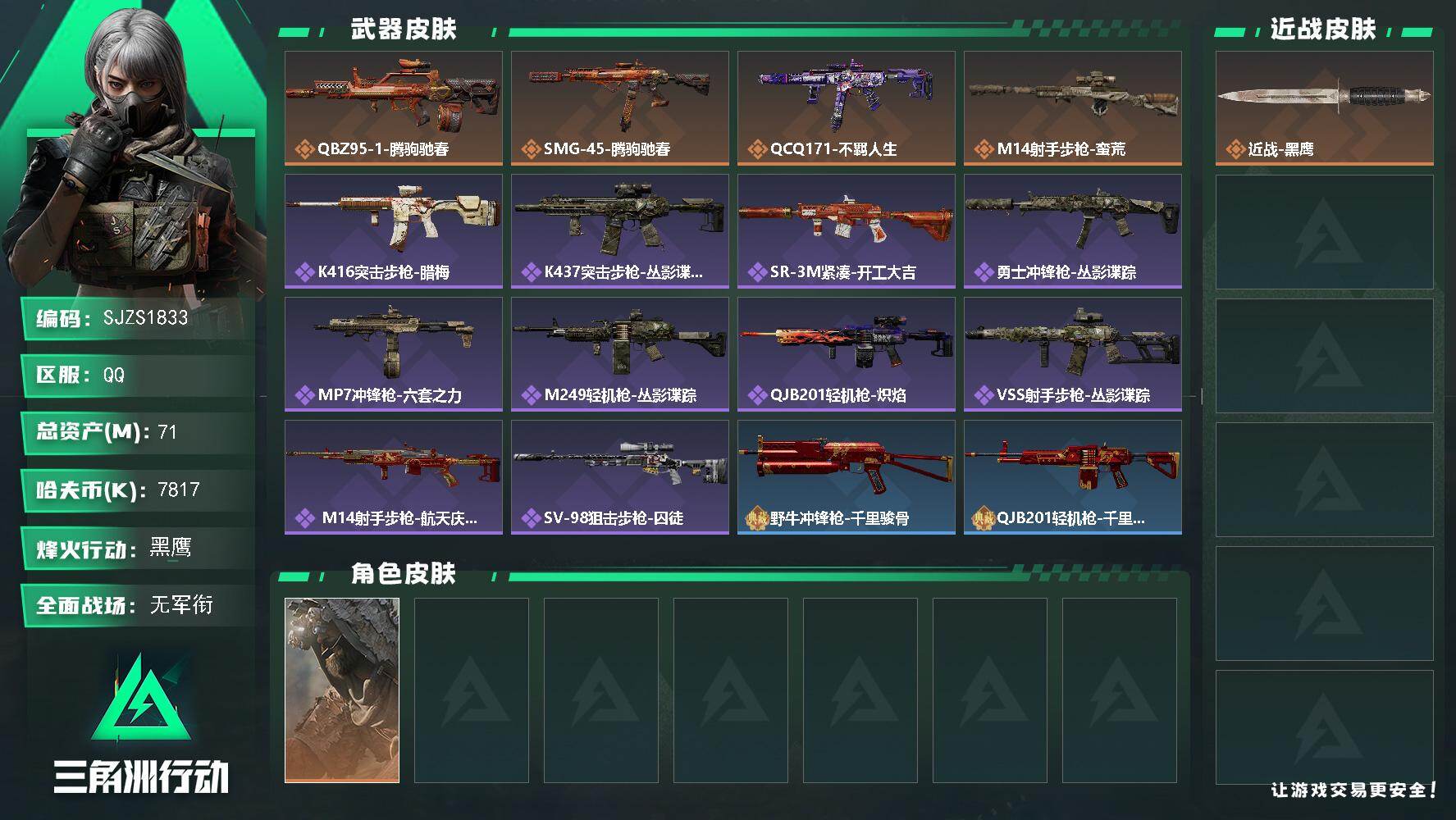 三角洲行动账号QQ【SJZS1833】总资产71M/哈夫币781万/干员外观数1/传说枪皮数4/战场等级1/行动等级60/安全箱等时效性道具以游戏内数据为准，详情请看图/乌鲁鲁-荒原猎手/近战-黑鹰/QBZ95-1突