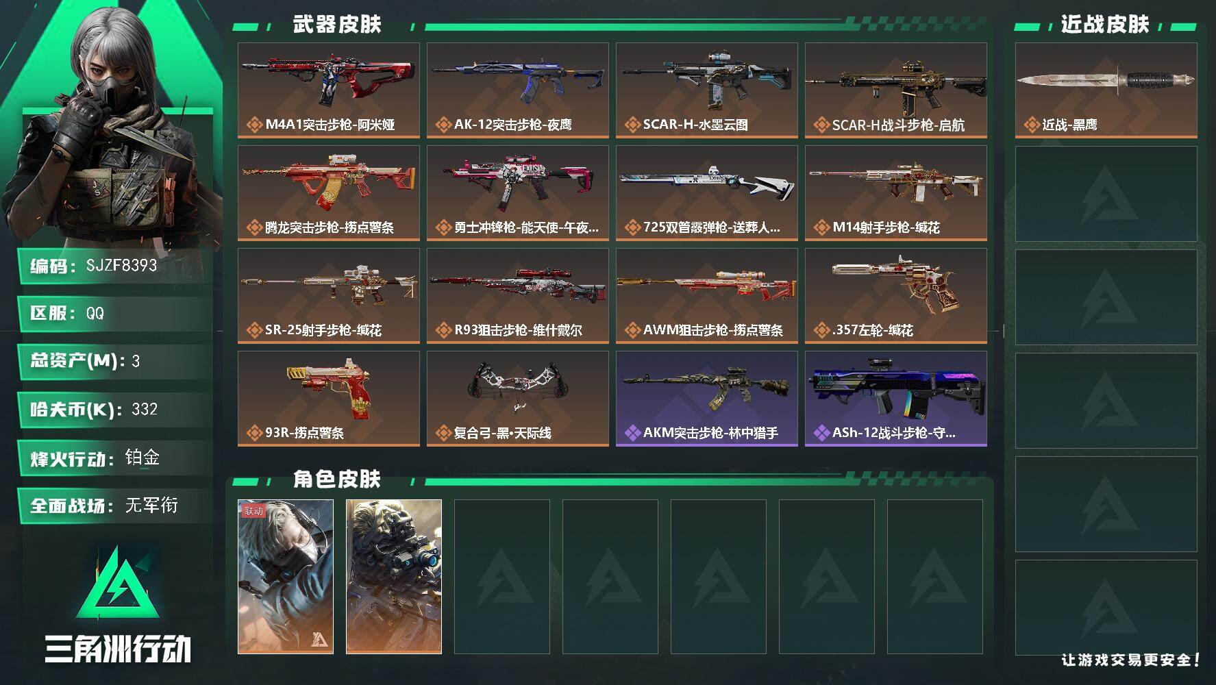 三角洲行动账号QQ【SJZF8393】总资产3M/哈夫币33万/干员外观数2/传说枪皮数14/战场等级1/行动等级60/安全箱等时效性道具以游戏内数据为准，详情请看图/蜂医-送葬人·无题密令/无名-夜鹰/近战-黑鹰/