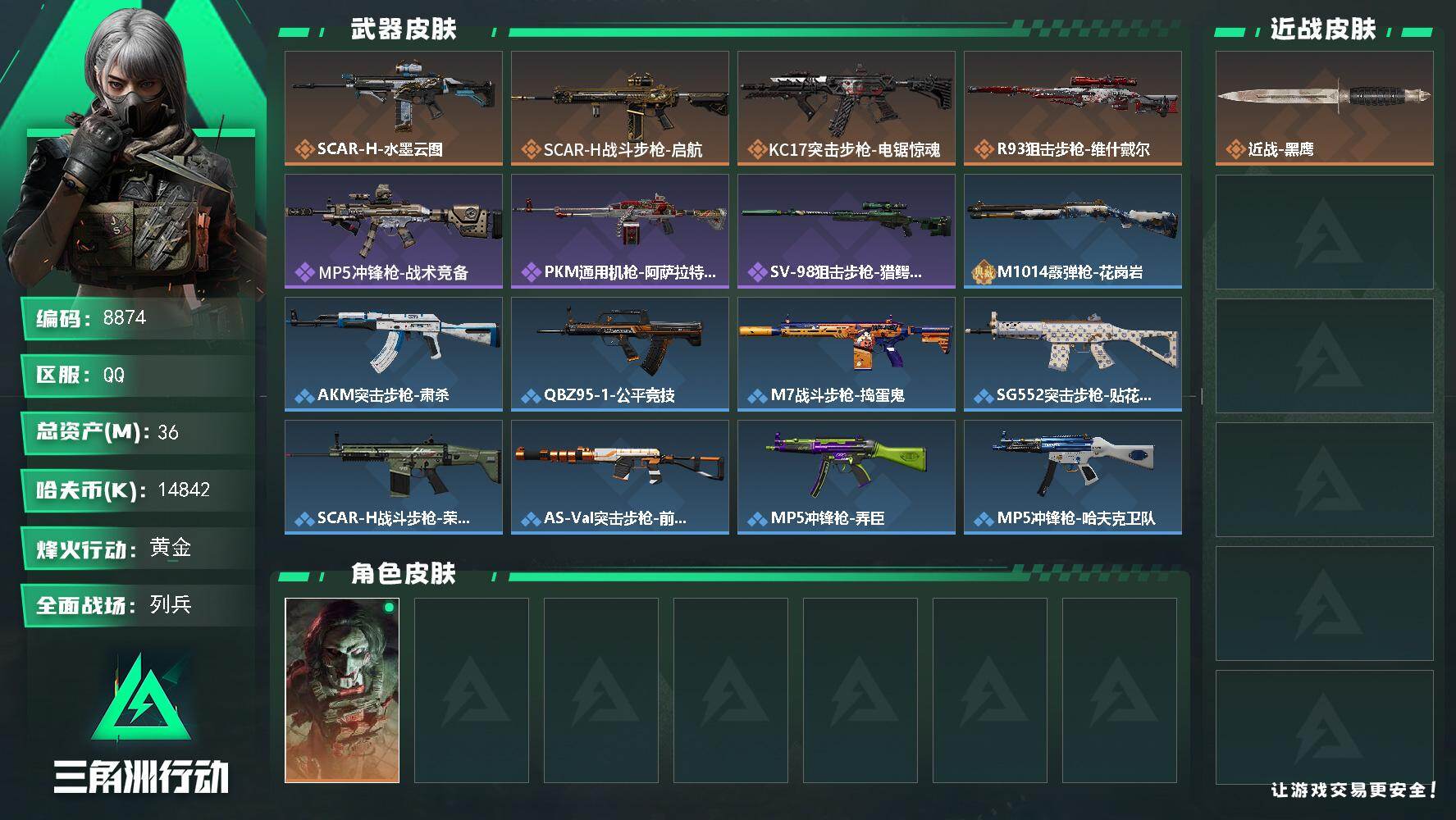 三角洲行动账号QQ总资产36M/哈夫币1484万/干员外观数1/传说枪皮数4/战场等级19/行动等级60/安全箱等时效性道具以游戏内数据为准，详情请看图/红狼-电锯惊魂/近战-黑鹰/SCAR-H战斗步枪-水墨云图/SC
