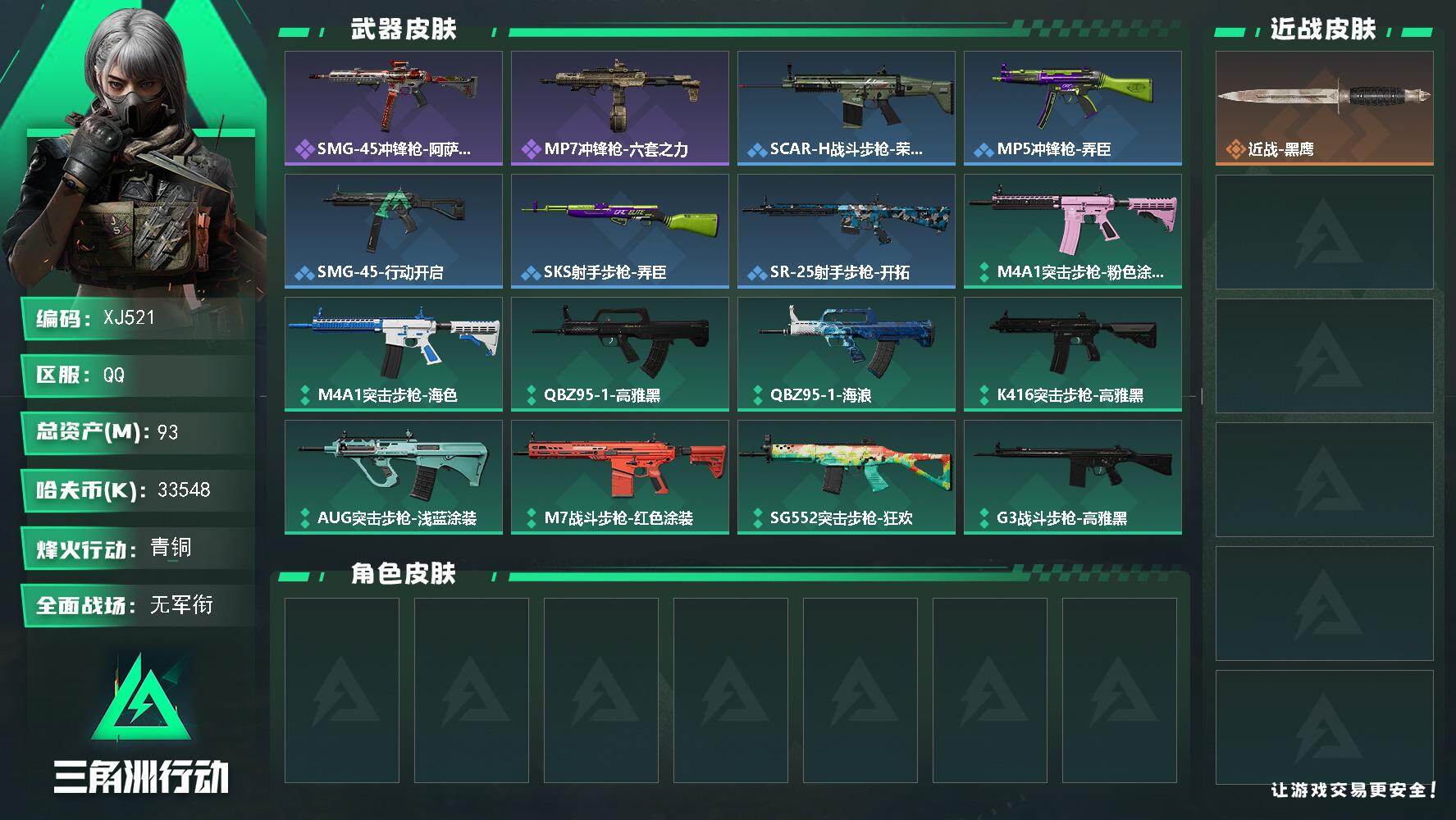 三角洲行动账号QQ【XJ521】总资产93M/哈夫币3354万/战场等级1/行动等级47/安全箱等时效性道具以游戏内数