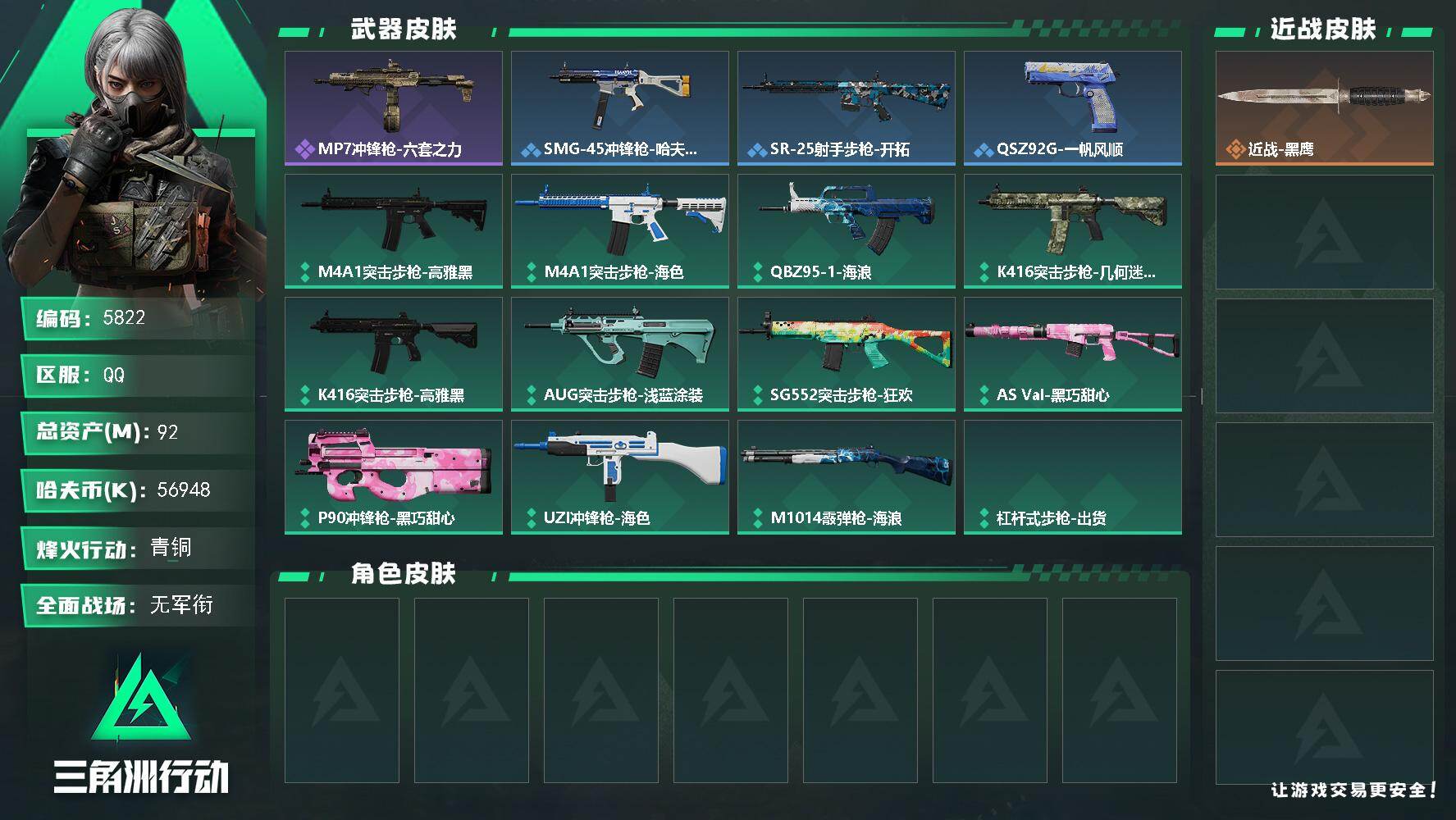 三角洲行动账号QQPX_2599577-92m总资产-56948k哈夫币-44烽火等级-青铜-1战场等级-无军衔
【近战皮肤】：近战-黑鹰
【史诗外观】：MP7冲锋枪-六套之力
【稀有外观】：SMG-45冲锋