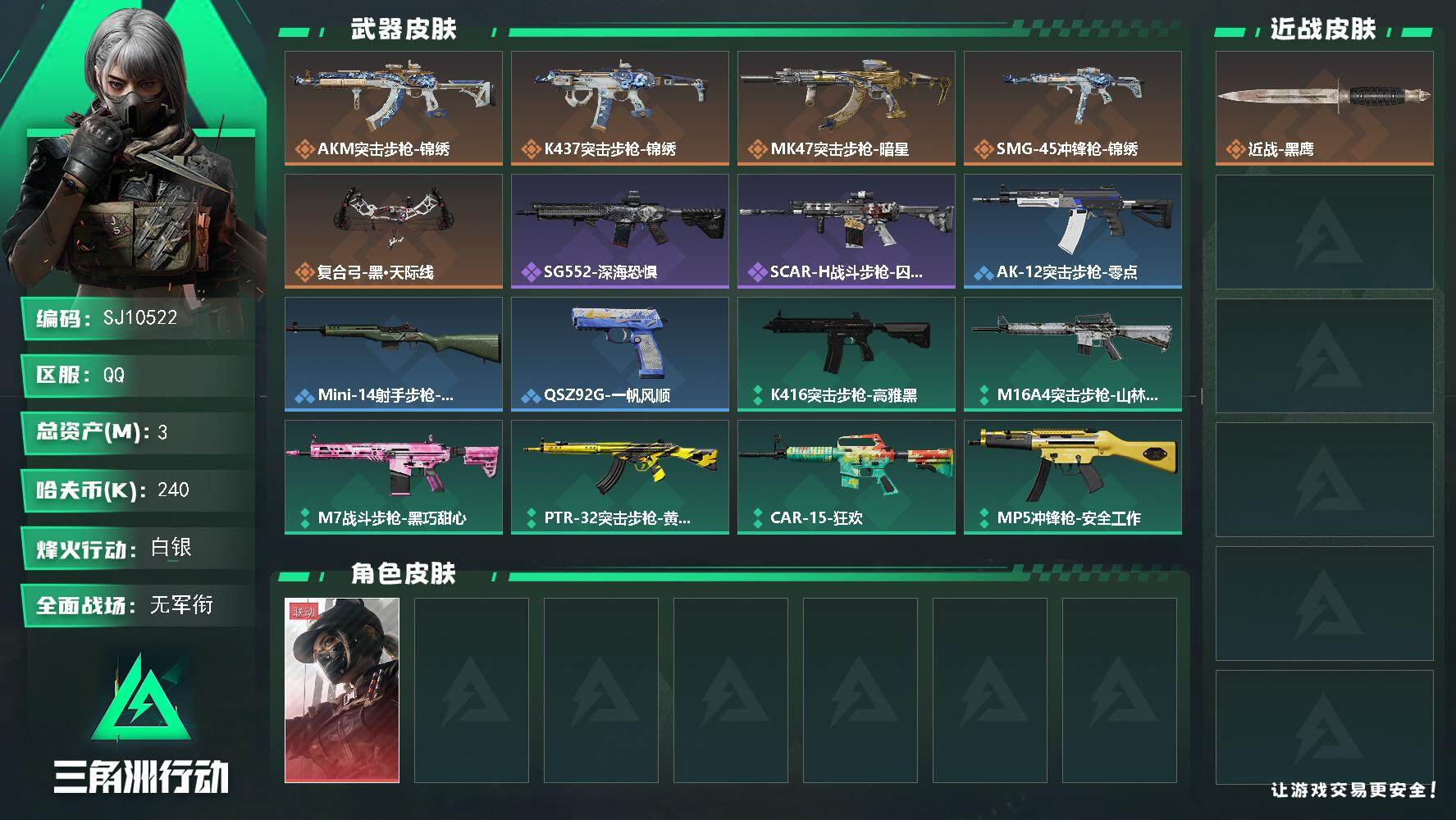 三角洲行动账号QQ【SJ10522】总资产3M/哈夫币24万/干员外观数1/传说枪皮数5/战场等级1/行动等级22/安全箱等时效性道具以游戏内数据为准，详情请看图/露娜-黑·天际线/近战-黑鹰/AKM突击步枪-锦绣/