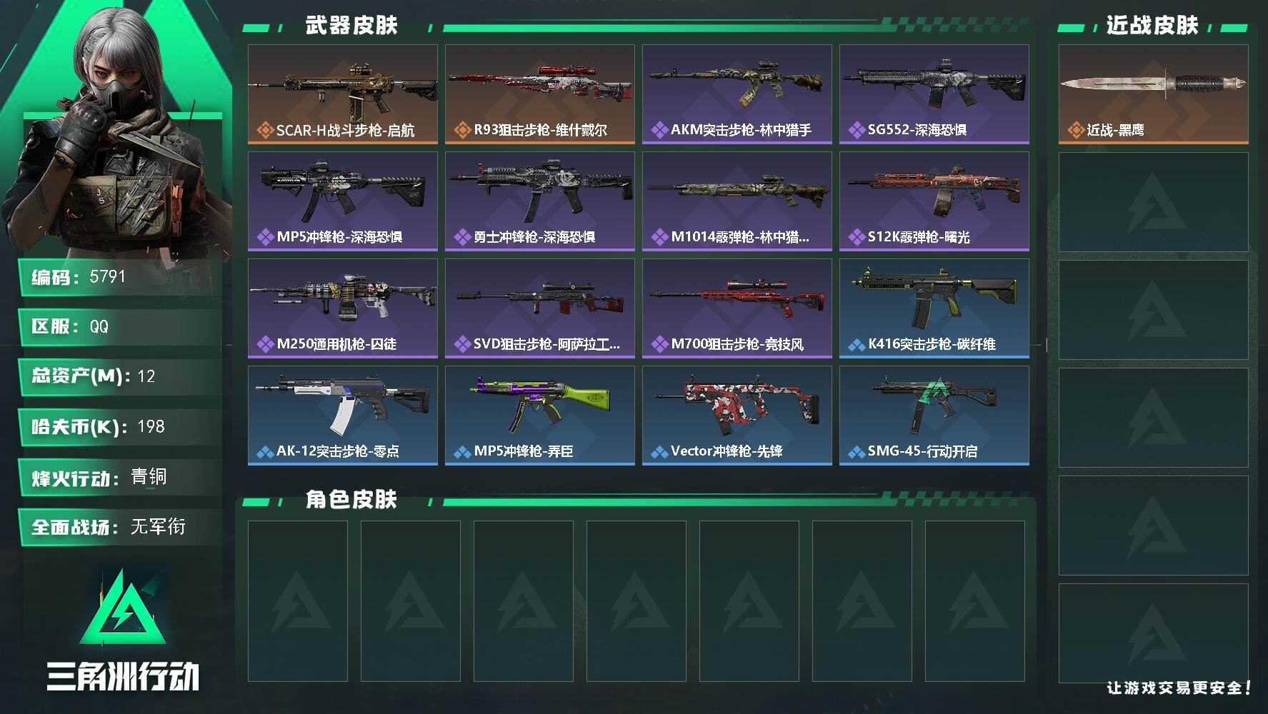 三角洲行动账号QQPX_2599195-12m总资产-198k哈夫币-26烽火等级-青铜-1战场等级-无军衔
【近战皮肤】：近战-黑鹰
【传说外观】：SCAR-H战斗步枪-启航，R93狙击步枪-维什戴尔
【史