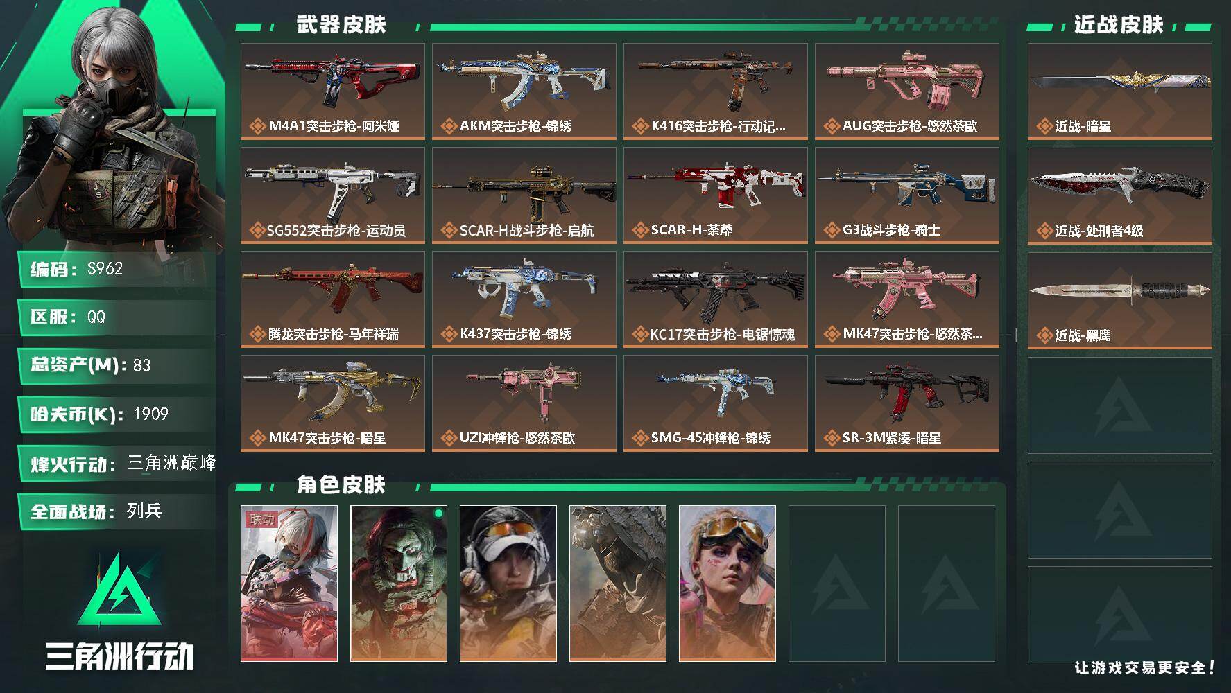 三角洲行动账号QQ【S962】总资产83M/哈夫币190万/传说近战数1/传说枪皮数26/战场等级7/行动等级60/安全箱等时效性道具以游戏内数据为准，详情请看图/零号玩家/骇爪-维什戴尔/红狼-电锯惊魂/露娜-金牌