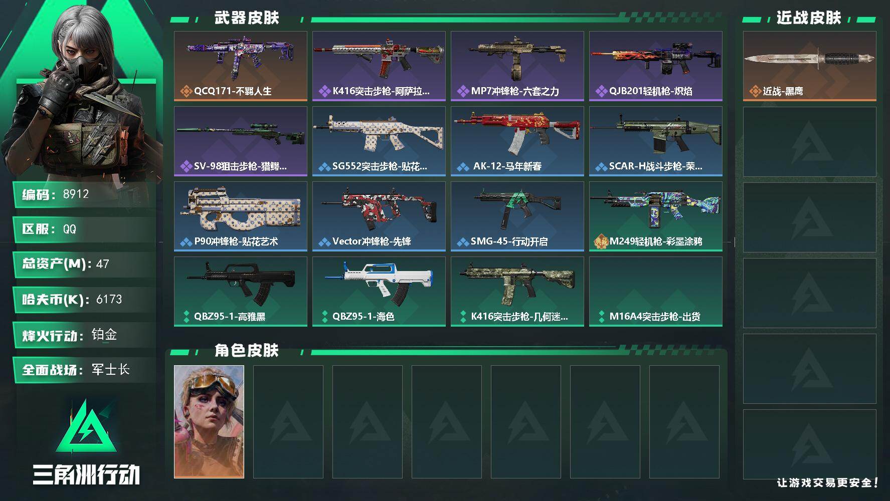 三角洲行动账号QQ总资产47M/哈夫币617万/干员外观数1/传说枪皮数1/战场等级31/行动等级60/安全箱等时效性道具以游戏内数据为准，详情请看图/蛊-不羁人生/近战-黑鹰/QCQ171冲锋枪-不羁人生/K416突