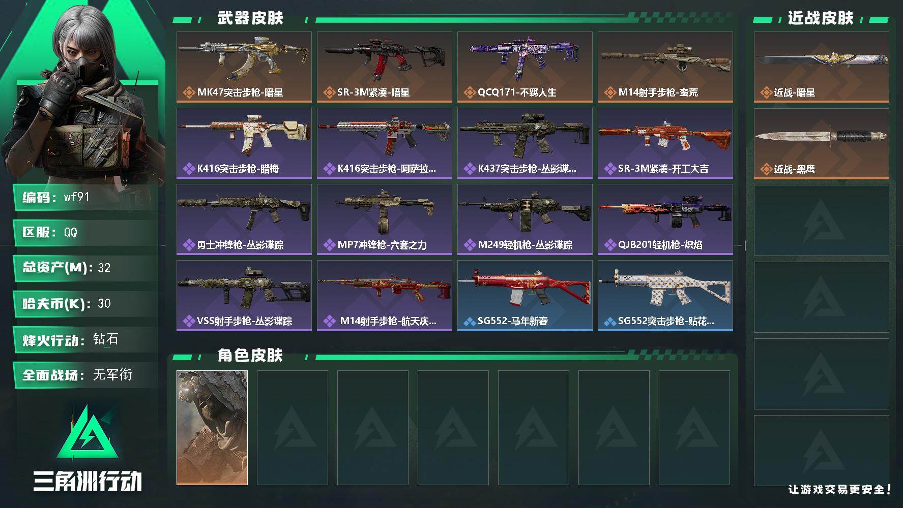 三角洲行动账号QQ【wf91】32m总资产-30k哈夫币-60烽火等级-钻石-2战场等级-无军衔
【干员外观】：乌鲁鲁