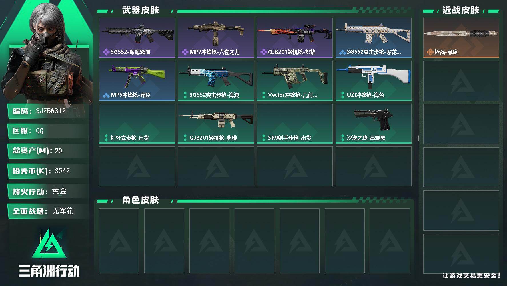 三角洲行动账号QQ【SJZBW312】总资产20M/哈夫币354万/战场等级1/行动等级25/安全箱等时效性道具以游戏内数据为准，详情请看图/近战-黑鹰/SG552突击步枪-深海恐惧/MP7冲锋枪-六套之力/QJB2