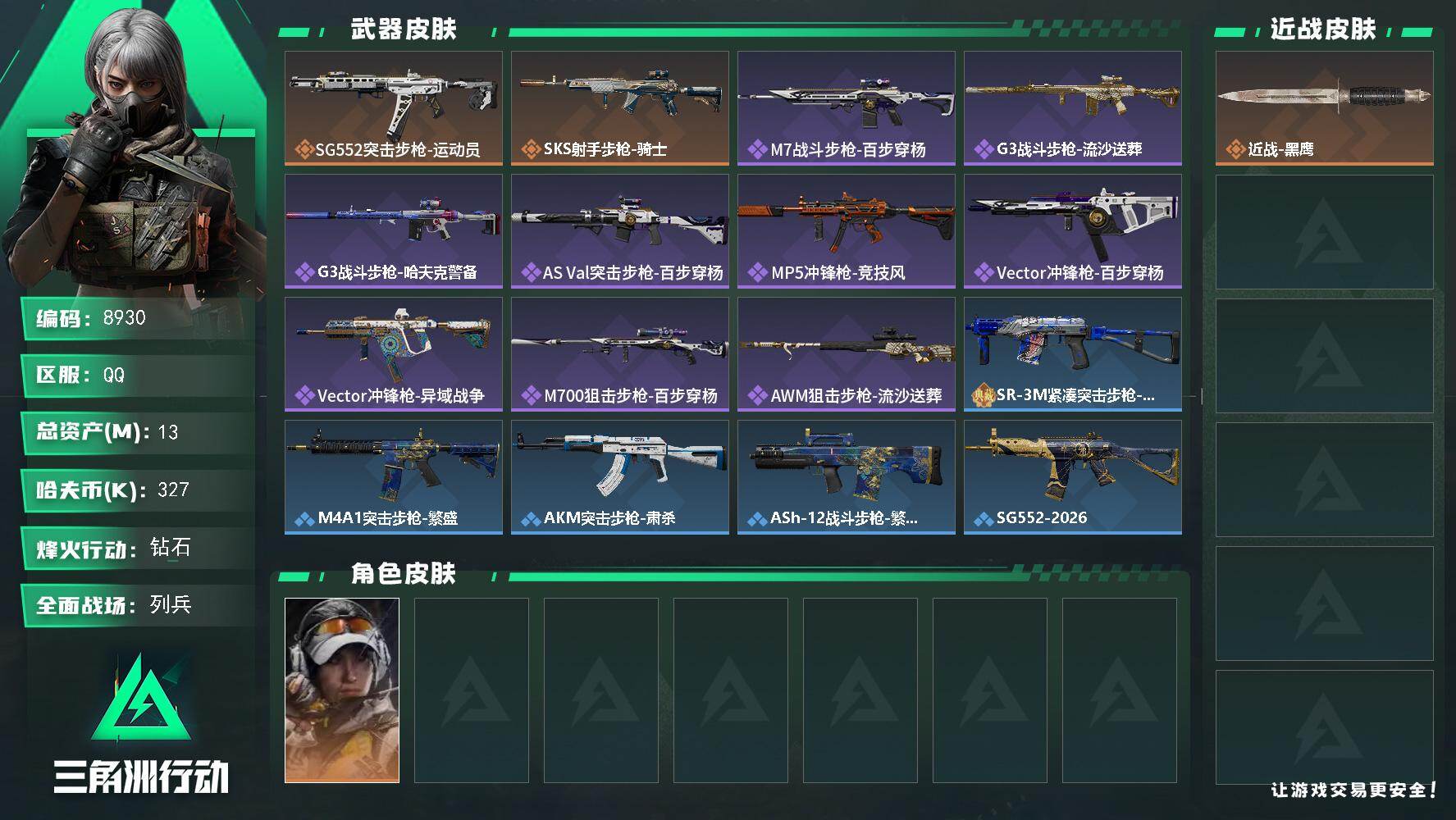 三角洲行动账号QQ总资产13M/哈夫币32万/干员外观数1/传说枪皮数2/战场等级13/行动等级60/安全箱等时效性道具以游戏内数据为准，详情请看图/露娜-金牌射手/近战-黑鹰/SG552突击步枪-运动员/SKS射手步