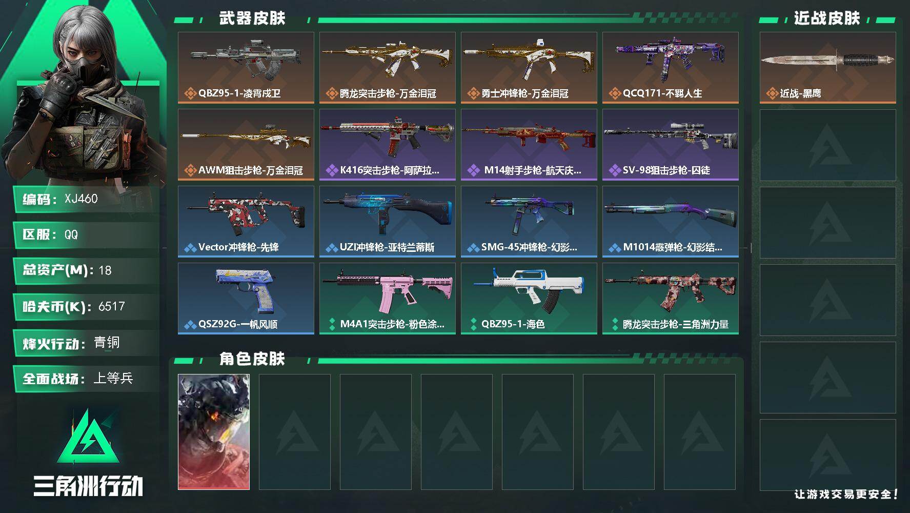 三角洲行动账号QQ【XJ460】总资产18M/哈夫币651万/干员外观数1/传说枪皮数5/战场等级28/行动等级17/
