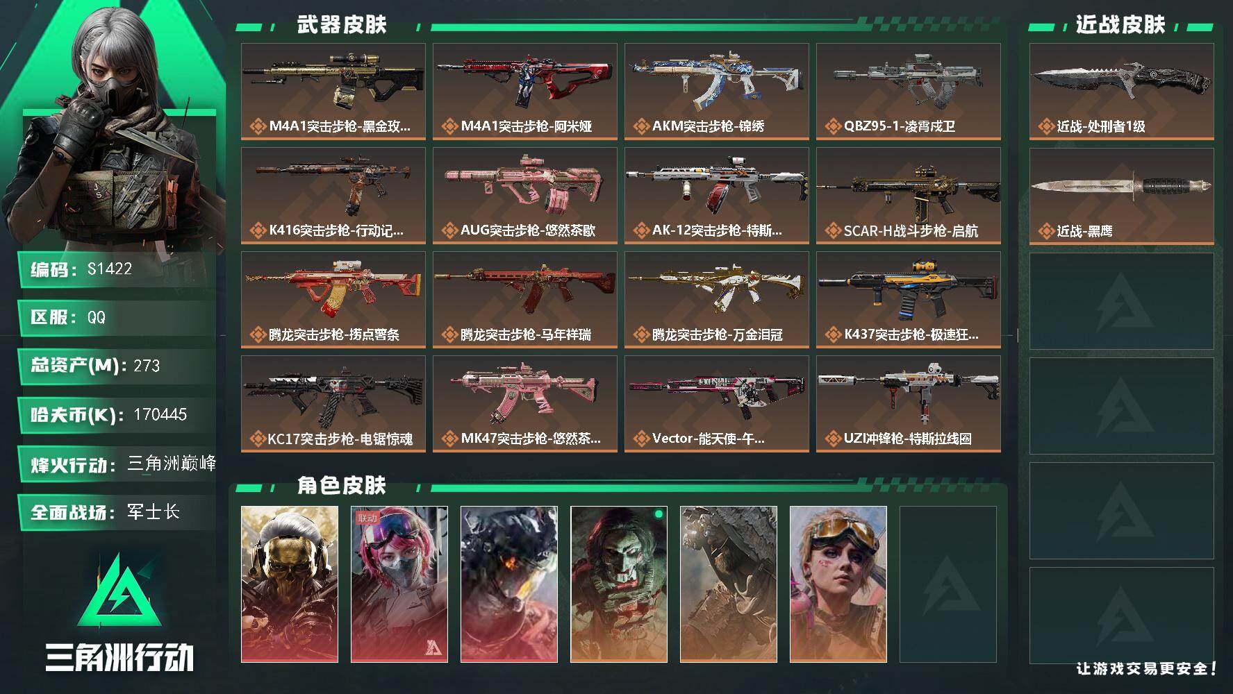 三角洲行动账号QQ【S1422】总资产273M/哈夫币17044万/传说近战数1/传说枪皮数30/战场等级20/行动等级60/安全箱等时效性道具以游戏内数据为准，详情请看图/红狼-蚀金玫瑰/蛊-能天使午夜邮差/威龙-