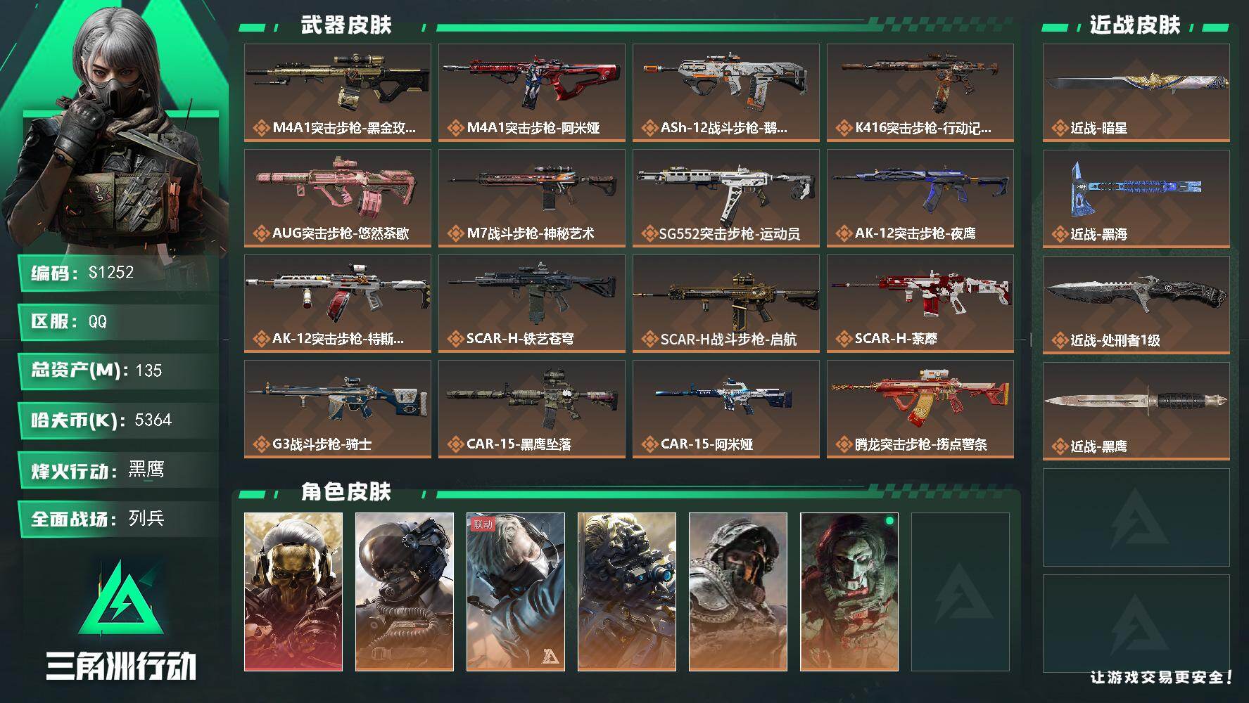 三角洲行动账号QQ【S1252】总资产135M/哈夫币536万/传说近战数3/干员外观数7/传说枪皮数46/战场等级27/行动等级60/安全箱等时效性道具以游戏内数据为准，详情请看图/红狼-蚀金玫瑰/威龙-壮志凌云/