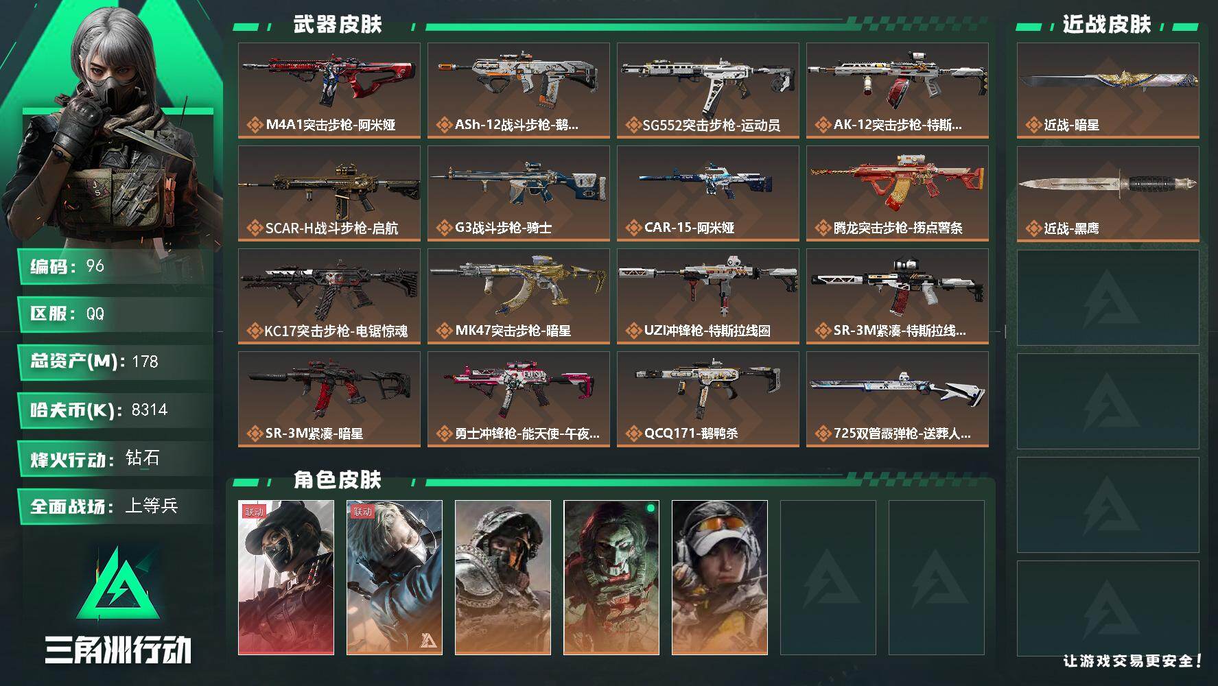 三角洲行动账号QQ【96】总资产178M/哈夫币831万/传说近战数1/干员外观数5/传说枪皮数22/战场等级28/行动等级60/安全箱等时效性道具以游戏内数据为准，详情请看图/露娜-黑·天际线/蜂医-送葬人·无题密
