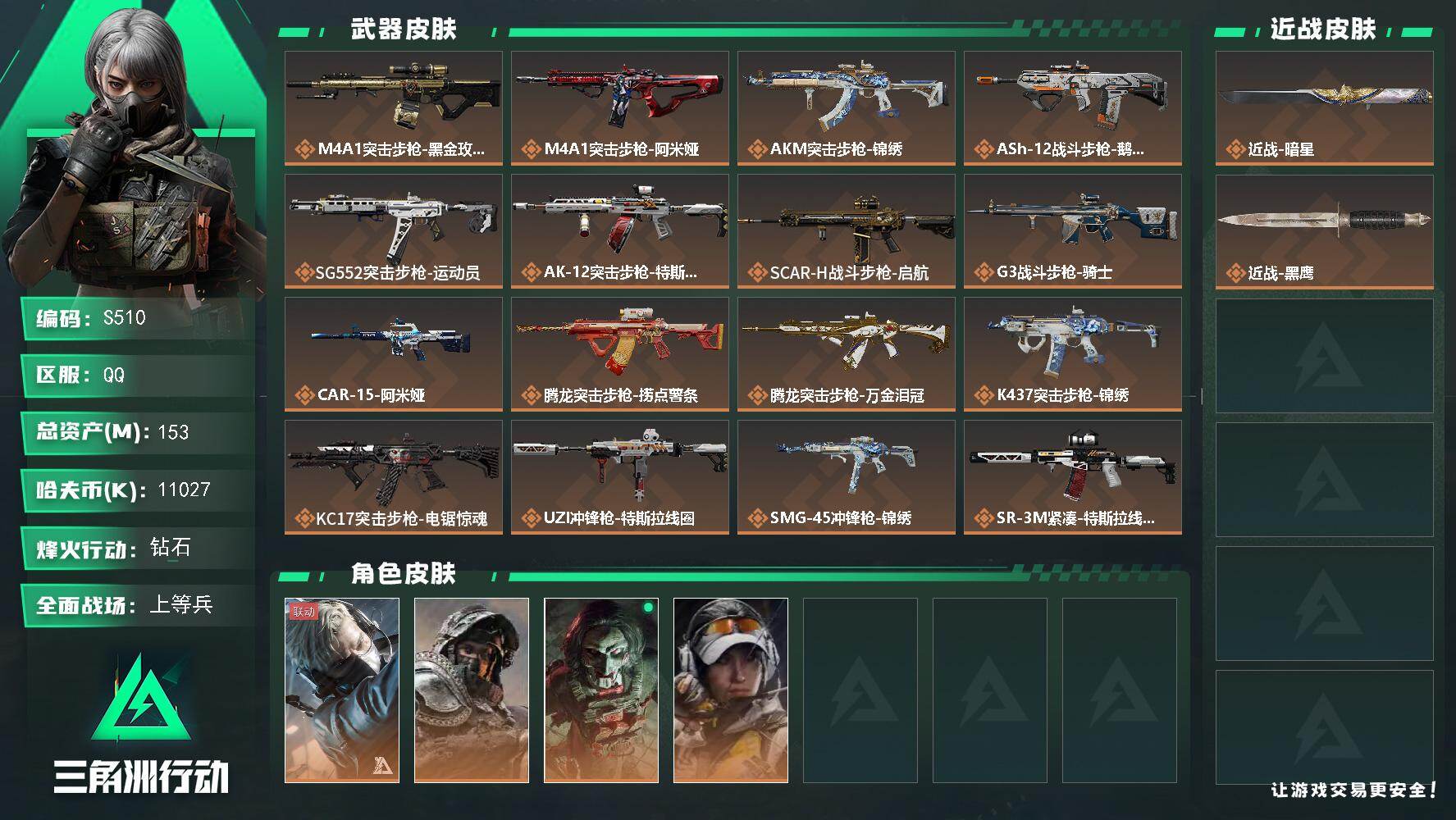 三角洲行动账号QQ【S510】总资产153M/哈夫币1102万/传说近战数1/干员外观数4/传说枪皮数29/战场等级30/行动等级60/安全箱等时效性道具以游戏内数据为准，详情请看图/蜂医-送葬人·无题密令/深蓝-不