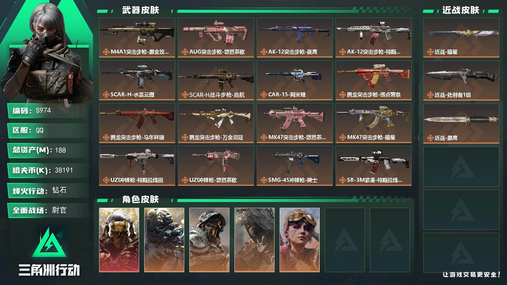 三角洲行动账号QQ【S974】总资产188M/哈夫币3819万/传说近战数1/传说枪皮数27/战场等级50/行动等级60/安全箱等时效性道具以游戏内数据为准，详情请看图/红狼-蚀金玫瑰/无名-夜鹰/深蓝-不破誓约/乌