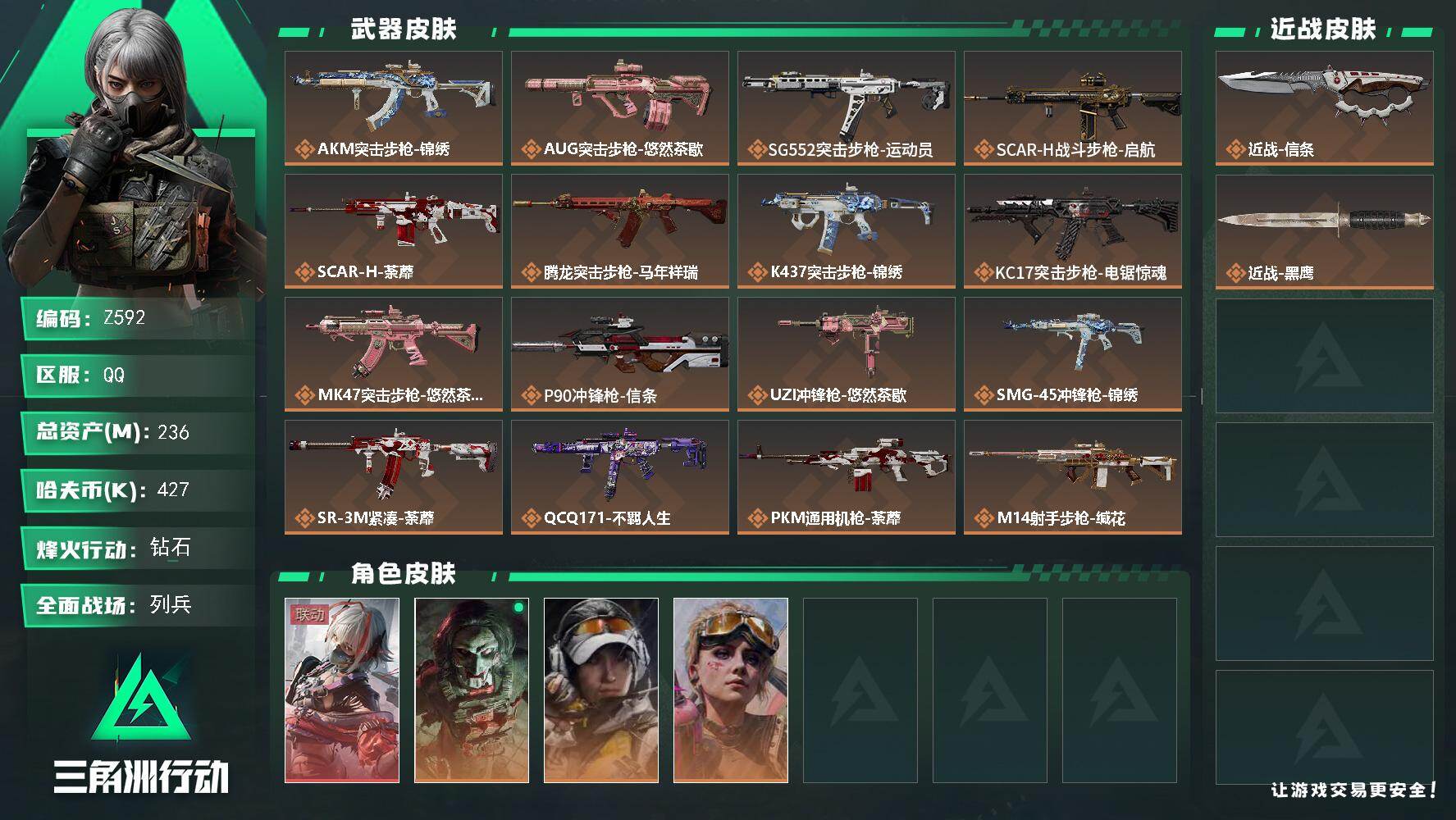 三角洲行动账号QQ【Z592】总资产236M/哈夫币42万/传说近战数1/干员外观数4/传说枪皮数21/战场等级13/行动等级60/安全箱等时效性道具以游戏内数据为准，详情请看图/骇爪-维什戴尔/红狼-电锯惊魂/露娜