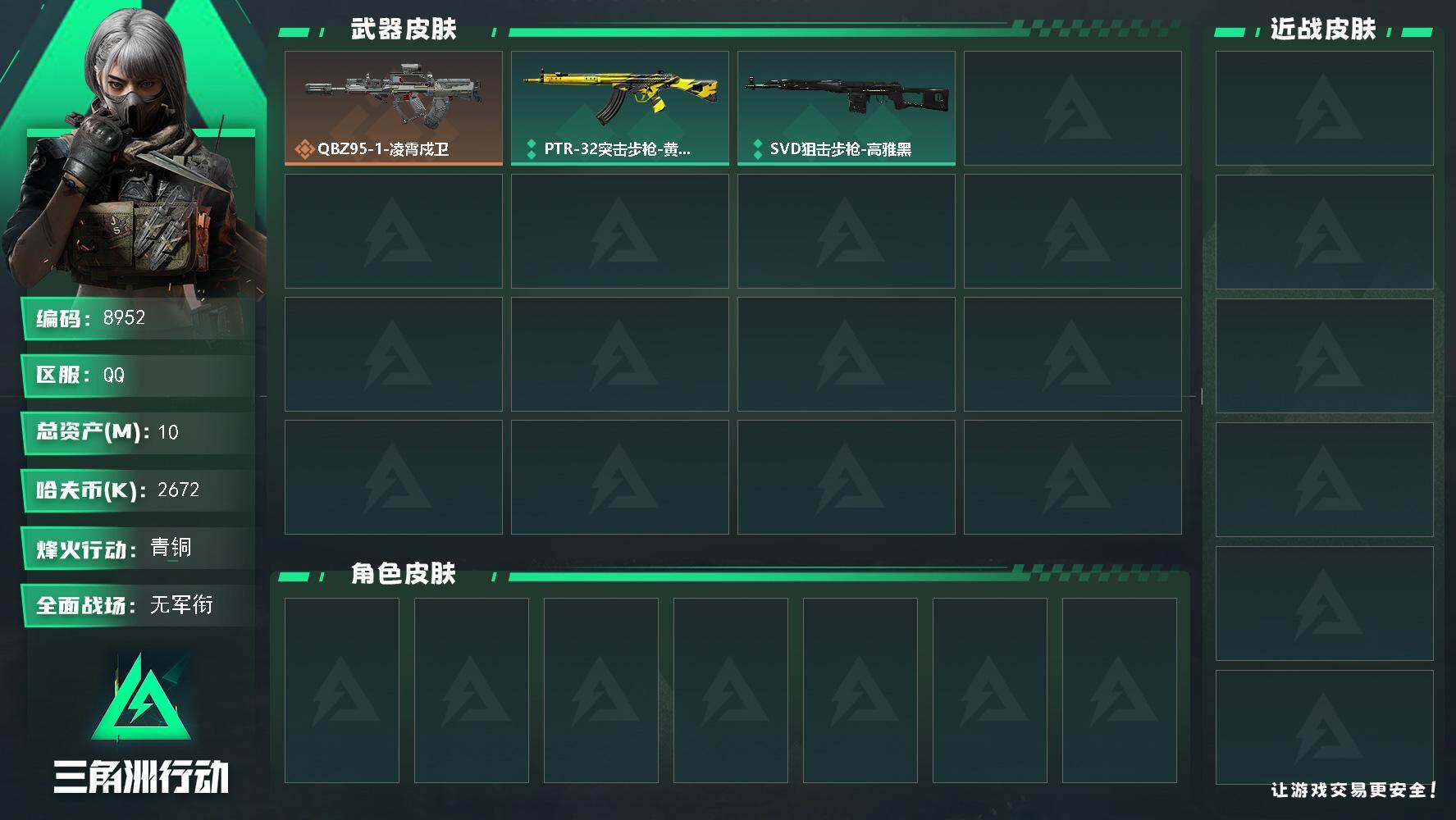 三角洲行动账号QQ总资产10M/哈夫币267万/传说枪皮数1/战场等级1/行动等级15/安全箱等时效性道具以游戏内数据为准，详情请看图/QBZ95-1突击步枪-凌霄戍卫/PTR-32突击步枪-黄蜂/SVD狙击步枪-高雅