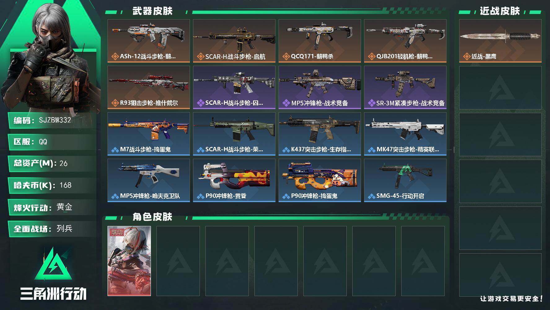 三角洲行动账号QQ【SJZBW332】总资产26M/哈夫币16万/干员外观数1/传说枪皮数5/战场等级14/行动等级47/安全箱等时效性道具以游戏内数据为准，详情请看图/骇爪-维什戴尔/近战-黑鹰/ASh-12战斗步