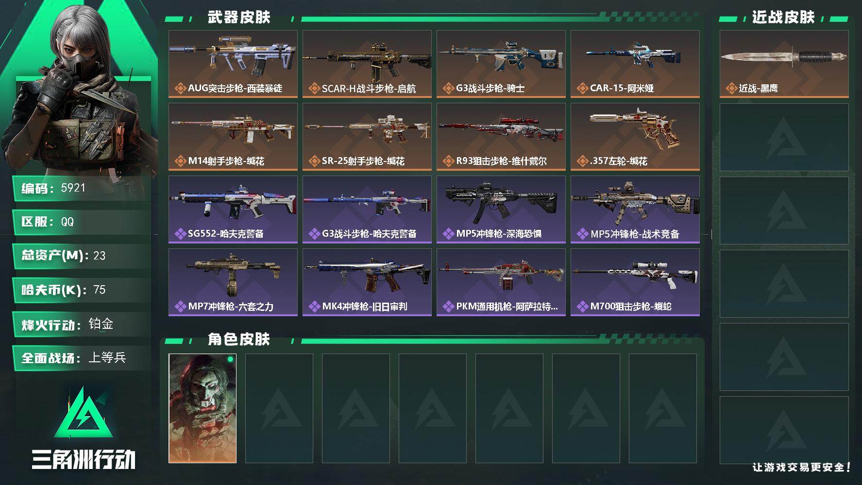 三角洲行动账号QQPX_2604284-23m总资产-75k哈夫币-60烽火等级-铂金-26战场等级-上等兵
【干员外观】：红狼-电锯惊魂
【近战皮肤】：近战-黑鹰
【传说外观】：AUG突击步枪-西装暴徒，S